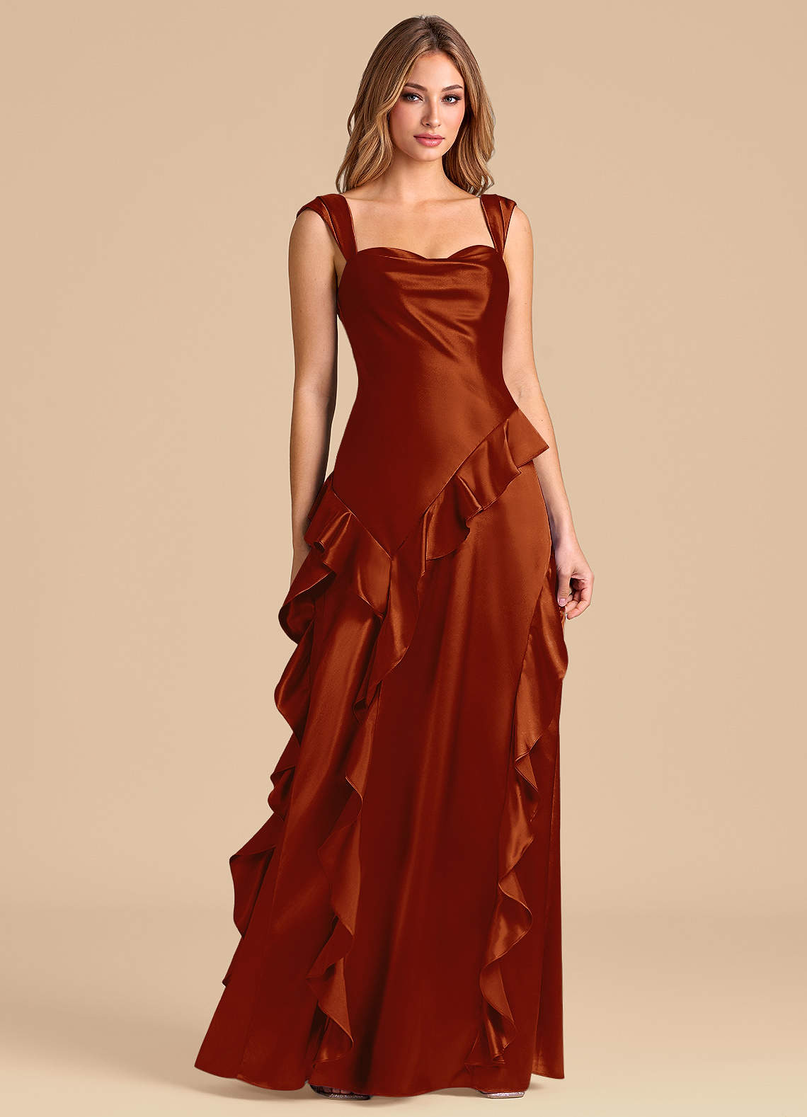 Azazie Sloane Vestidos de madrinha de casamento Vestido Castanho Aloirado de Cetim Metálico de Linha A com Decote em coração image4