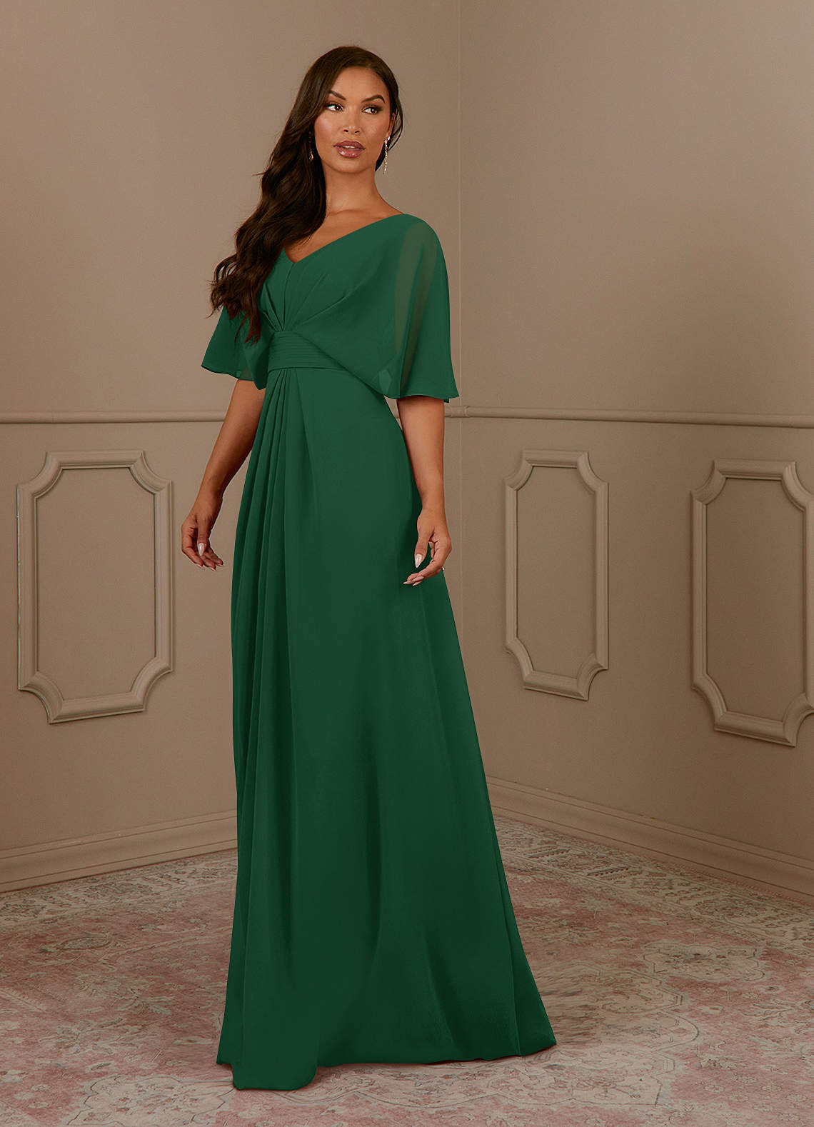 Azazie Oksana Mother of the Bride Dresses Dark Green A-Line V-Neck Pleated Chiffon Dress image1