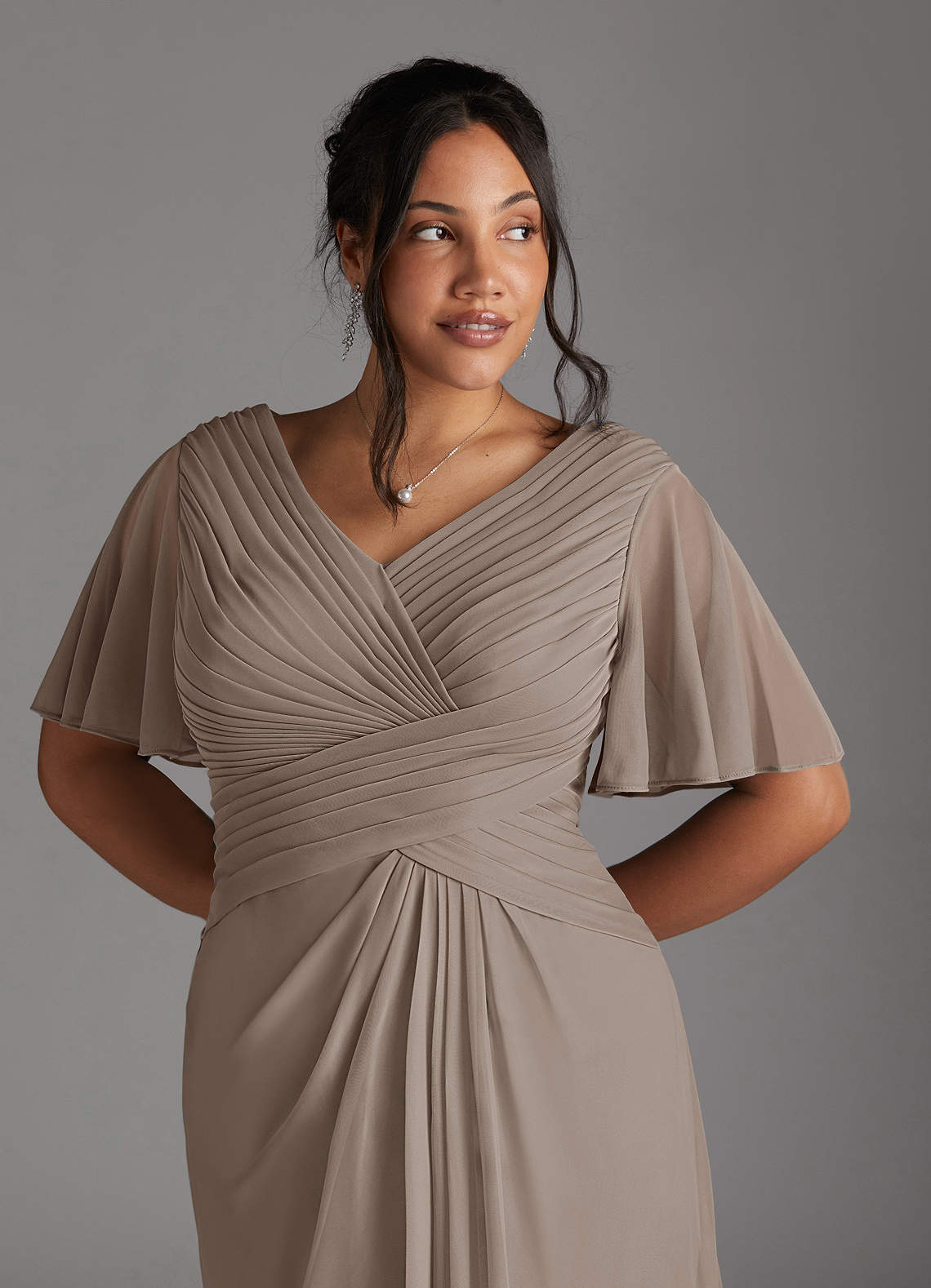 Azazie Emmeline Taupe A-Line V-Neck Pleated Mesh Dress | Azazie