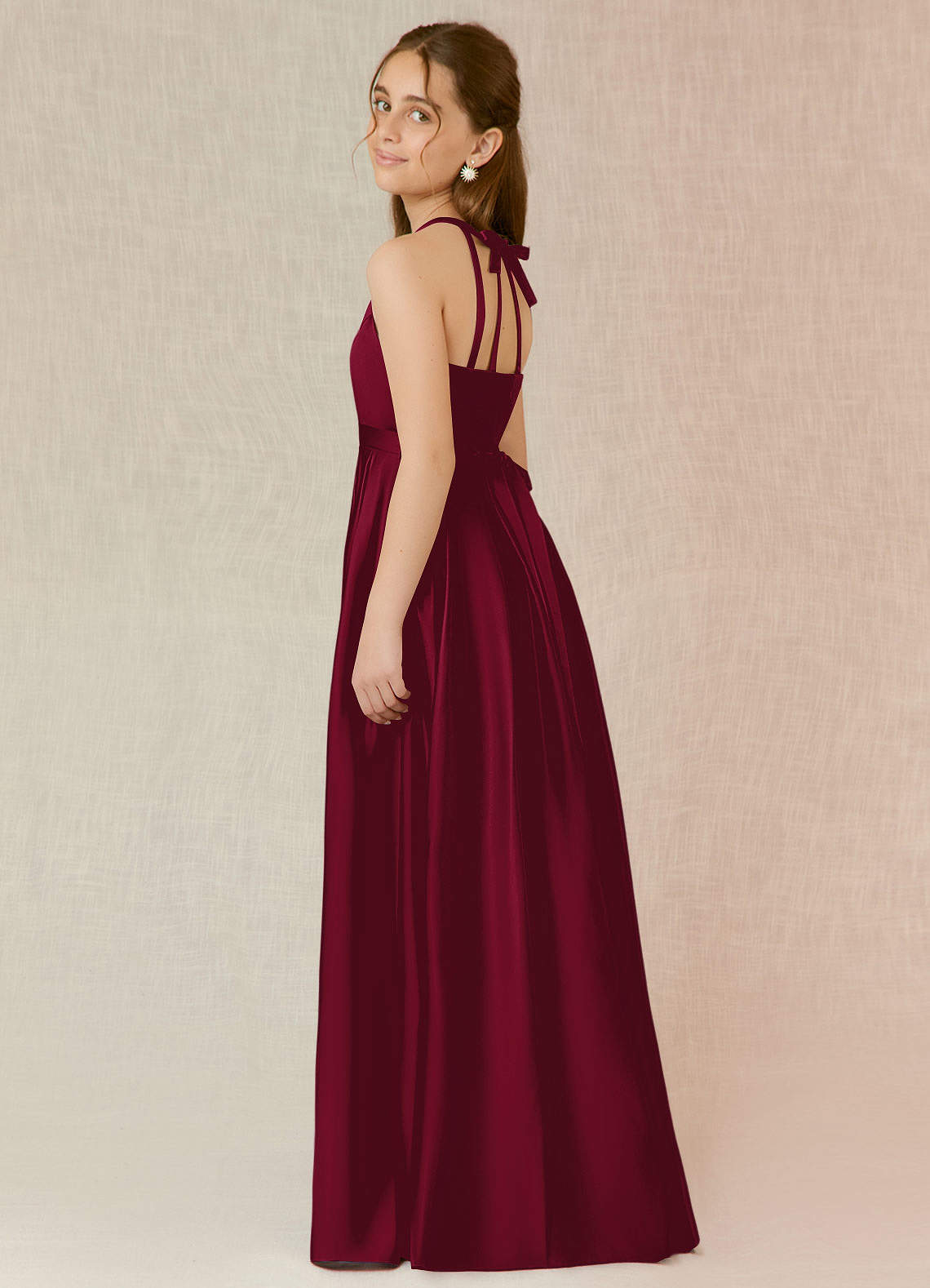 Azazie Arianthe Junior Burgundy A-Line with Pockets Stretch Satin Dress image2