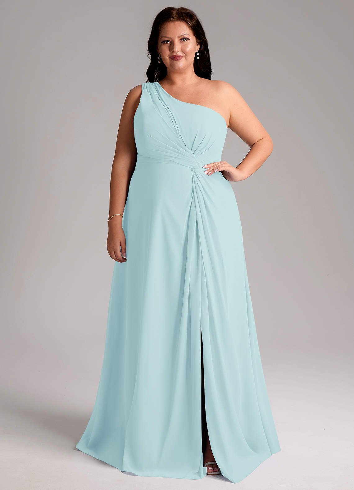 Azazie Brooke Bridesmaid Dresses Sea Glass A-Line One Shoulder Chiffon Dress image1