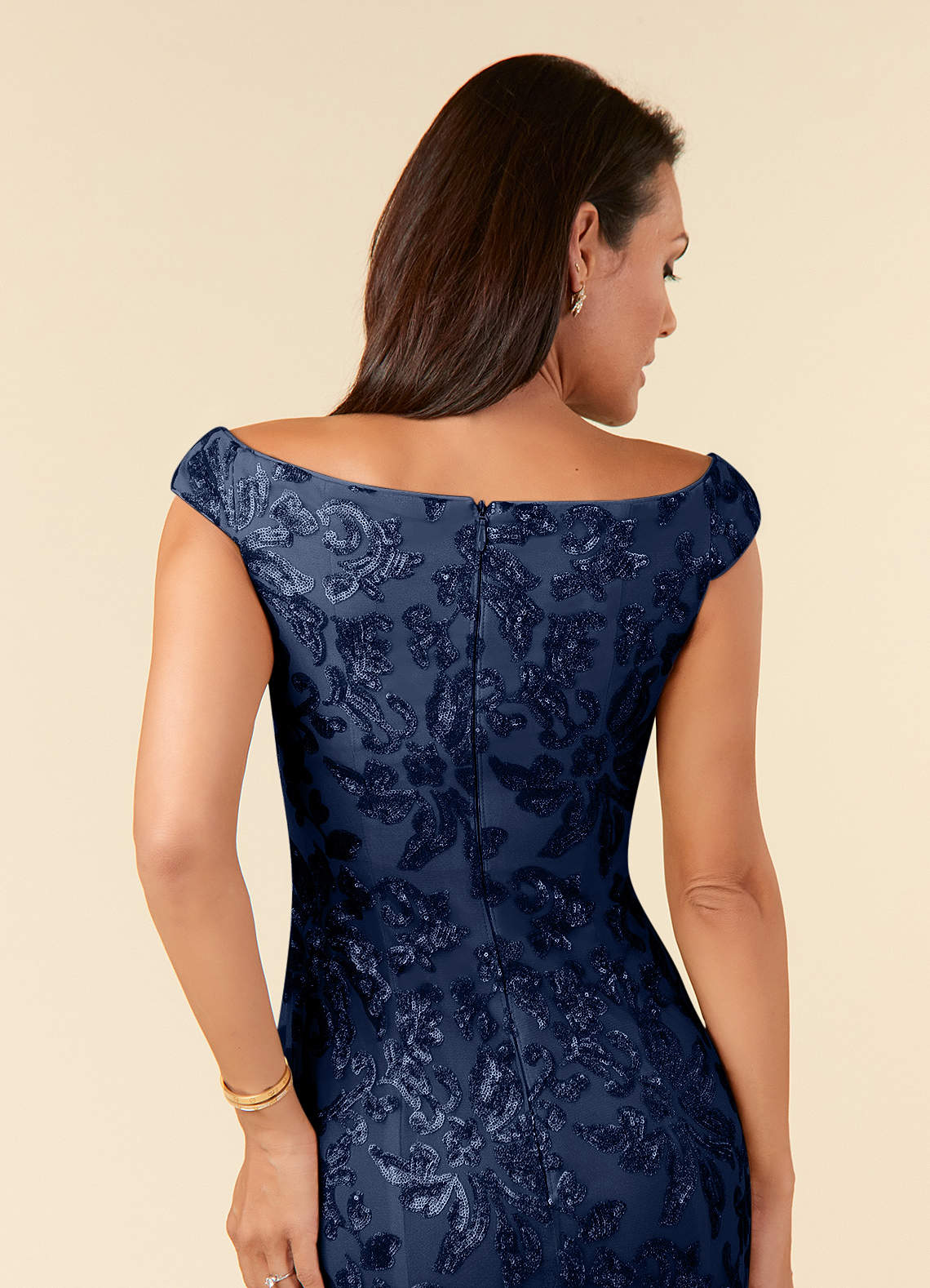 Azazie Porcelain Mother of the Bride Dresses Dark Navy A-Line Off the Shoulder Lace Dress image5
