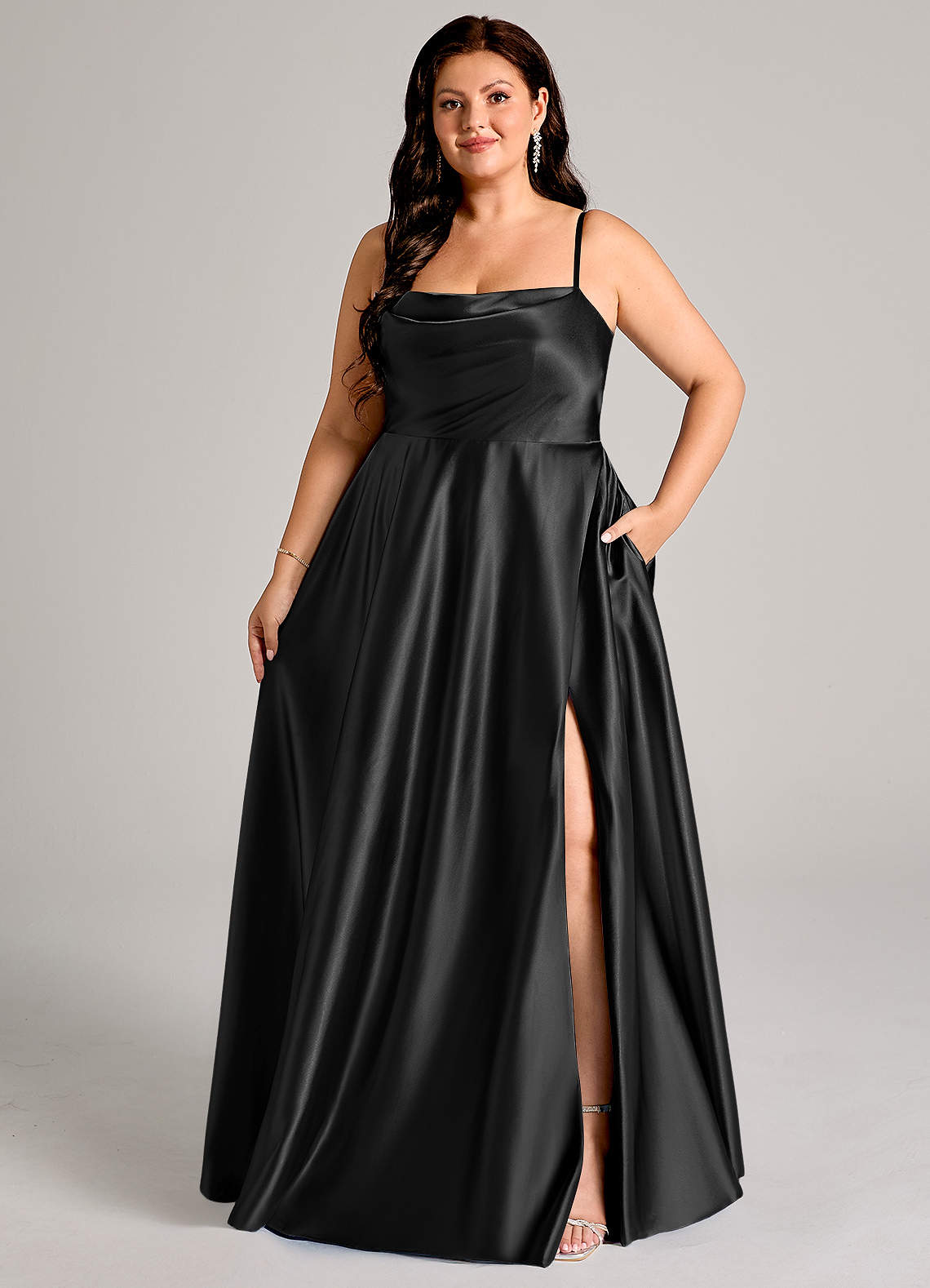 Azazie Elle Bridesmaid Dresses Black A-Line with Pockets Metallic Satin Dress image1