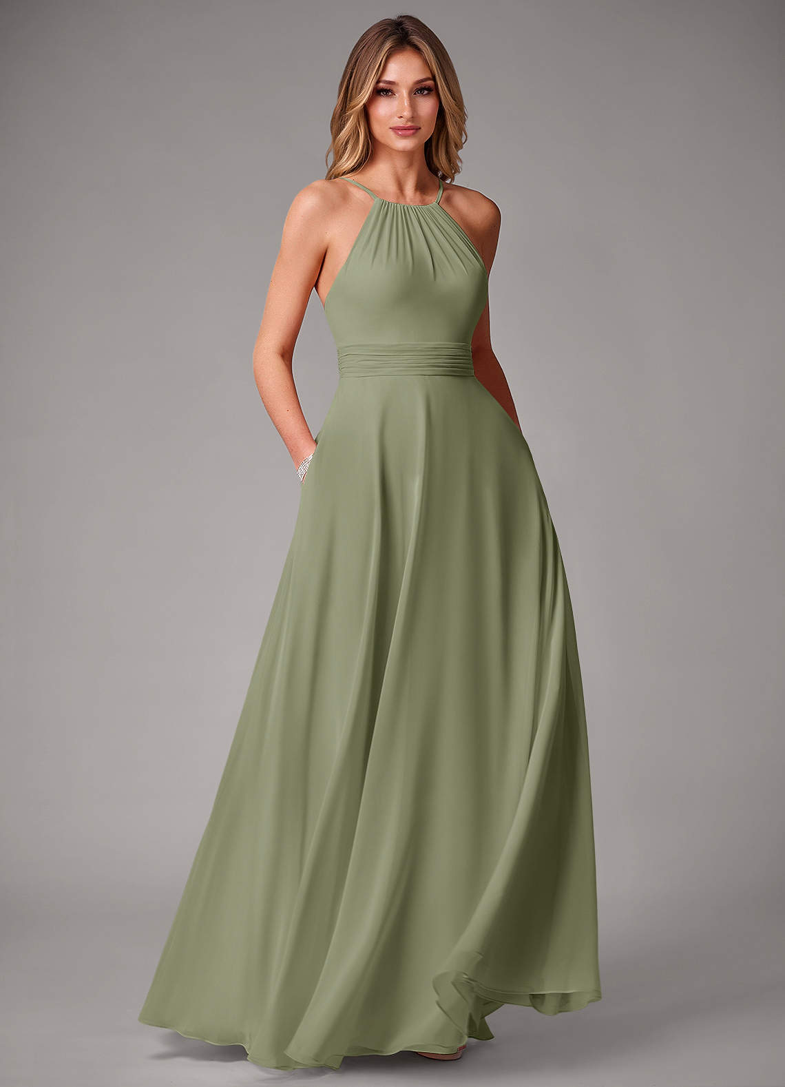 Azazie Amalia Bridesmaid Dresses Pistachio A-Line Pleated Chiffon Dress image1
