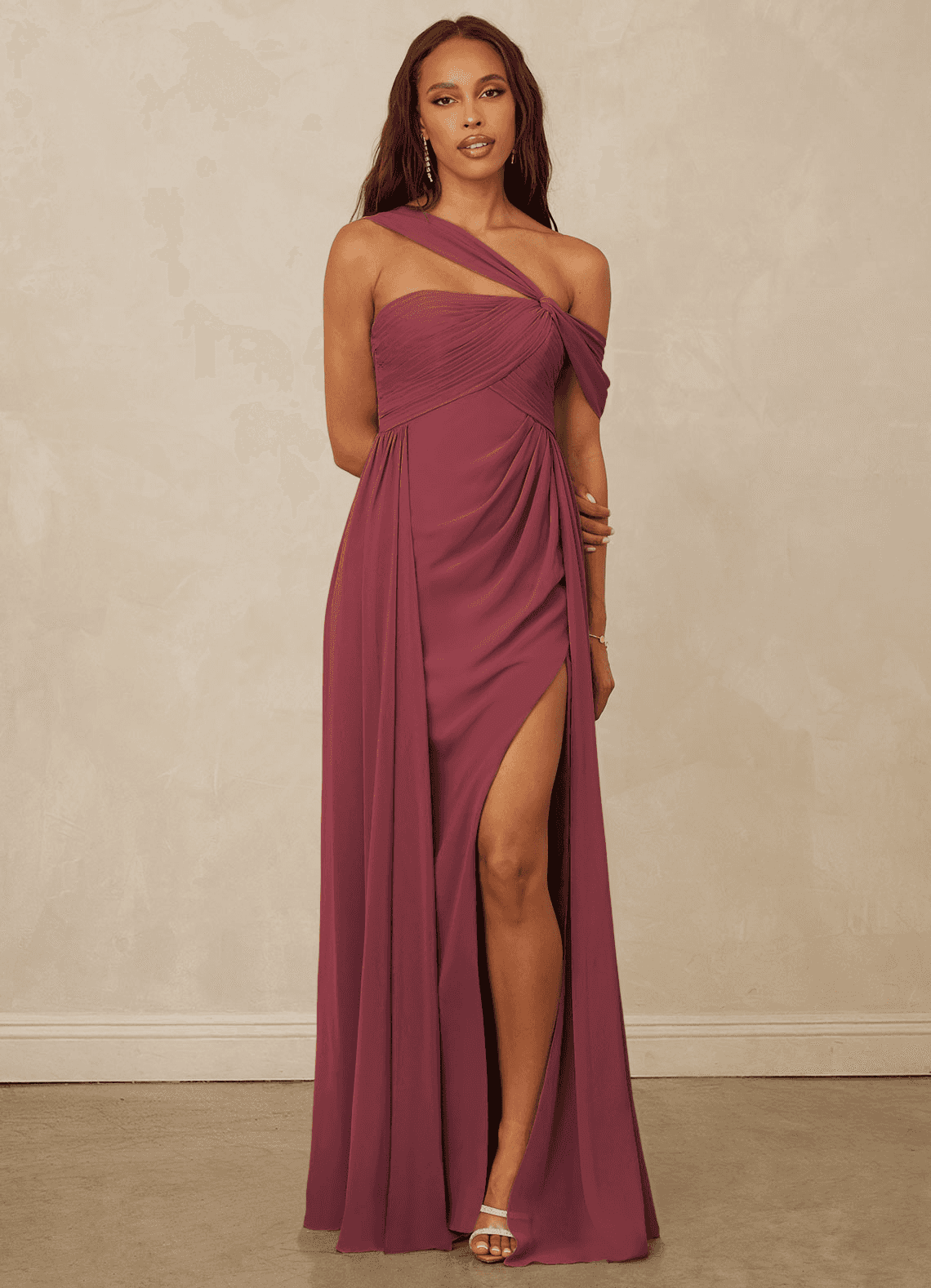 Christian Siriano Bridal for Azazie 1014 Bridesmaid Dresses Merlot A-Line Off the Shoulder Chiffon Dress image1