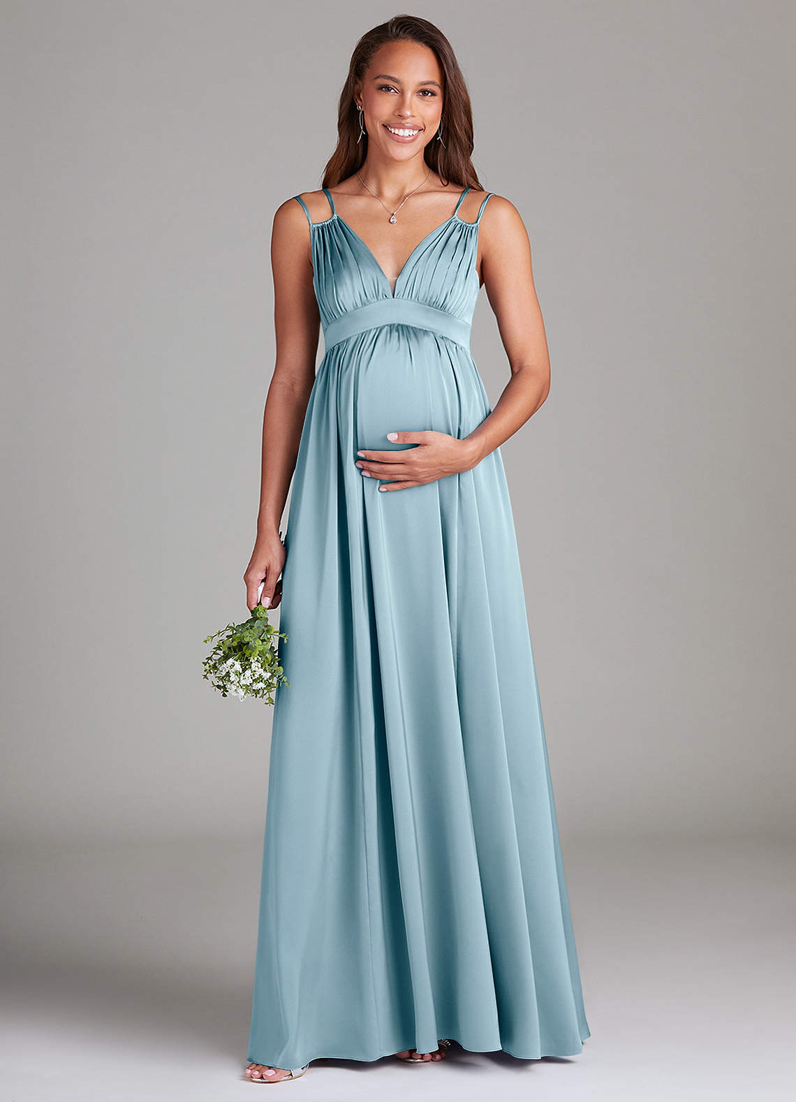 Azazie Emree Maternity Bridesmaid Dresses A-Line Stretch Satin Floor-Length Dress with Pockets image1