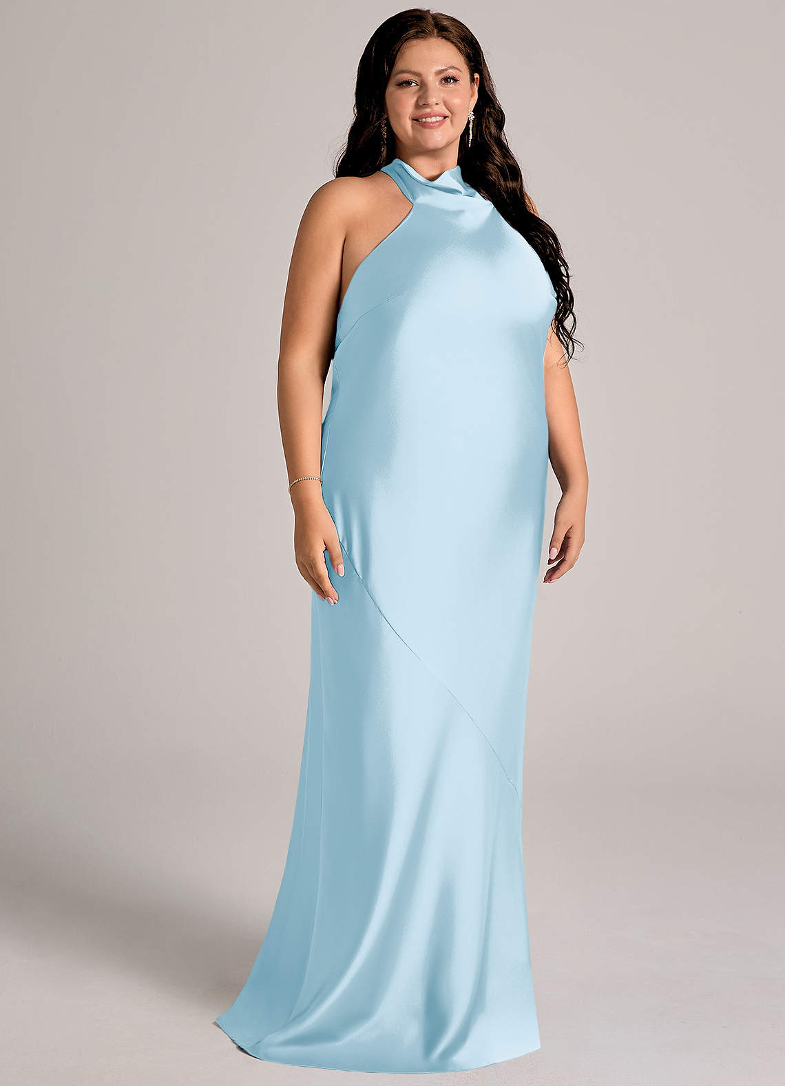 Azazie Velli Bridesmaid Dresses Sky Blue Mermaid High Neck Stretch Satin Dress image10