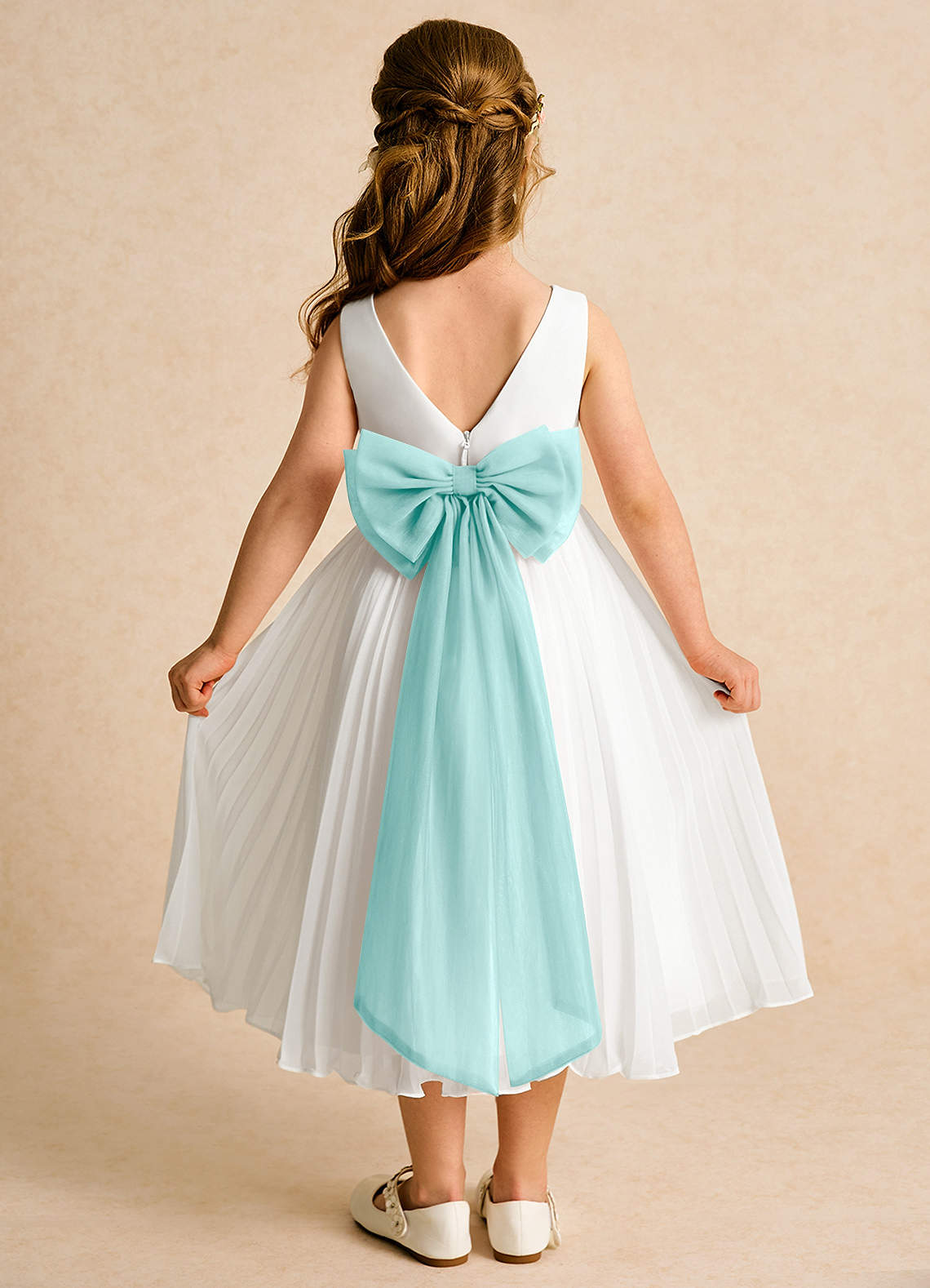 Azazie Margot Flower Girl Dresses Ivory Aqua A-Line Pleated Chiffon Dress image1
