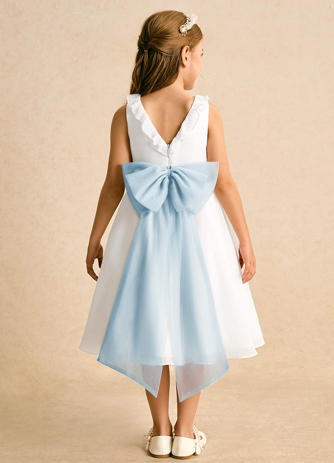 Azazie Dani Blumenmädchenkleider A-Linie Schleifen Chiffon Kleid Elfenbein Himmelblau image6