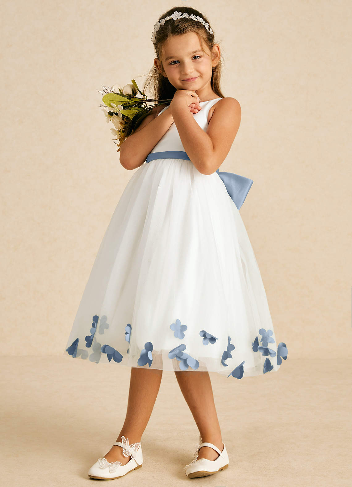 Azazie Dot Flower Girl Dresses Ivory Dusty Blue A-Line Bow Tulle Dress image3