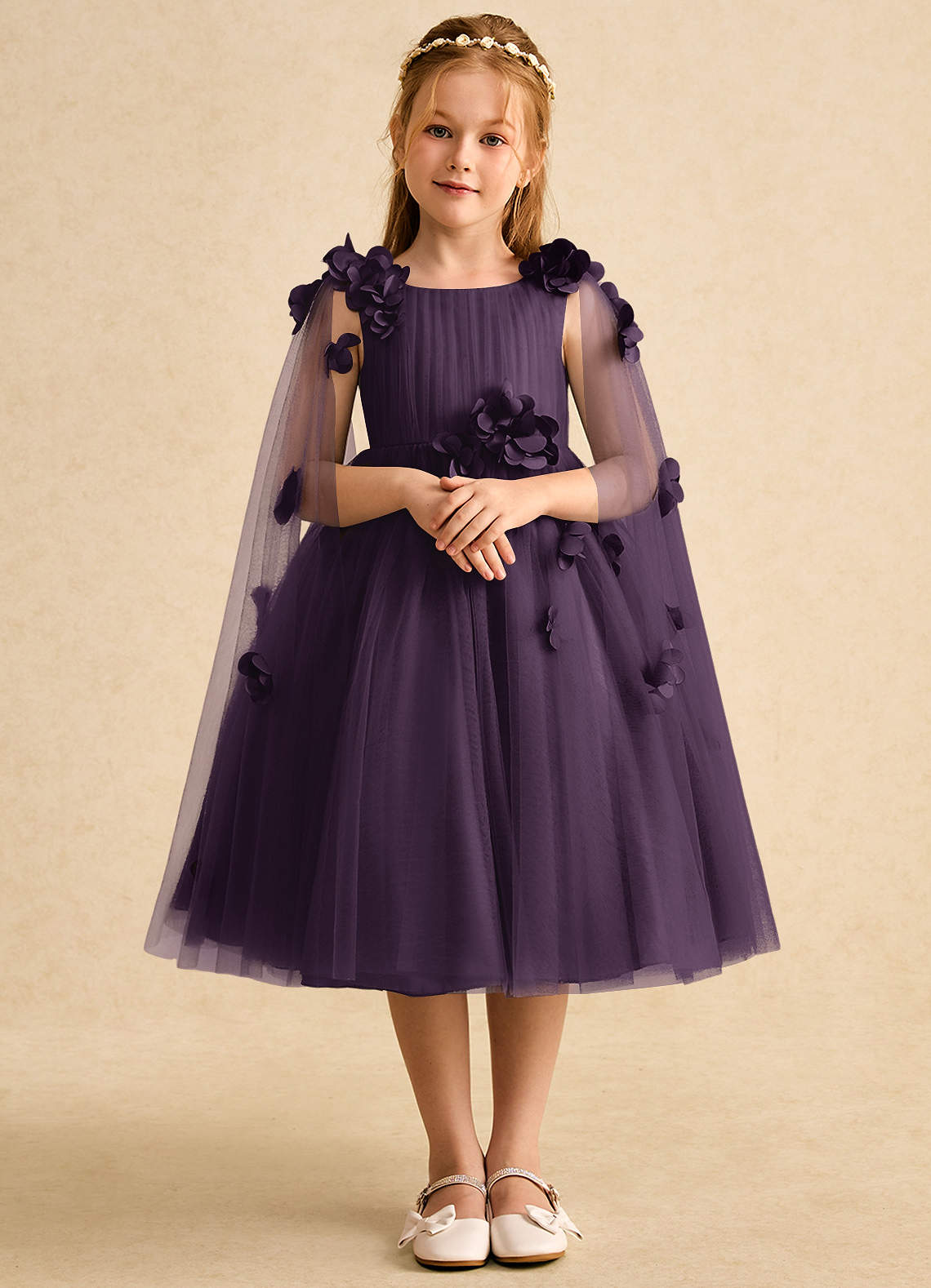 Azazie Staria Flower Girl Dresses Plum Ball-Gown Ruched Tulle Dress image1