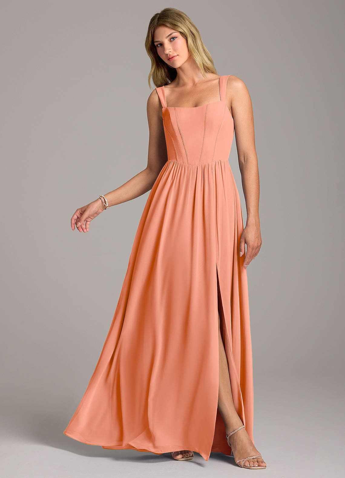Azazie Rosaline Bridesmaid Dresses Sunset A-Line Side Slit Chiffon Dress image1