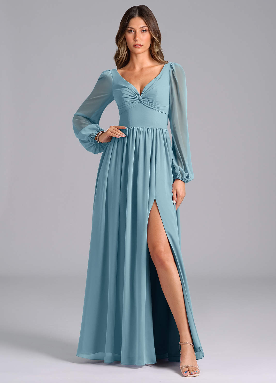 Azazie Zeya Bridesmaid Dresses Moody Blue A-Line Long Sleeve Chiffon Dress image1