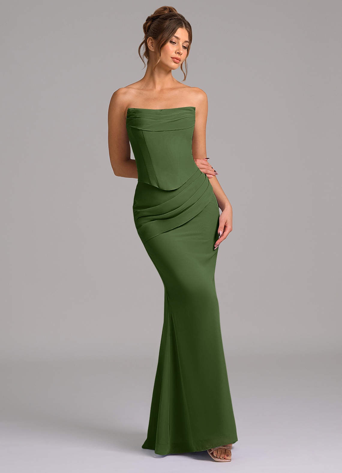 Azazie Sorrel Vestidos de madrinha de casamento Vestido Oliva de Chiffon de sereia com Espartilho image6