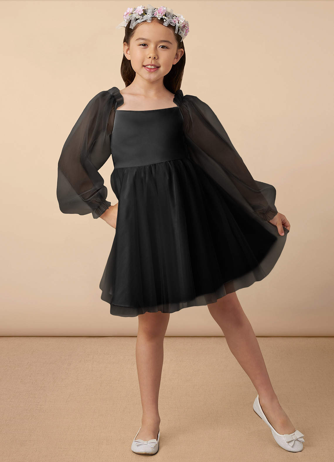 Azazie Aya Flower Girl Dresses Black A-Line with Sleeves Tulle Dress image1