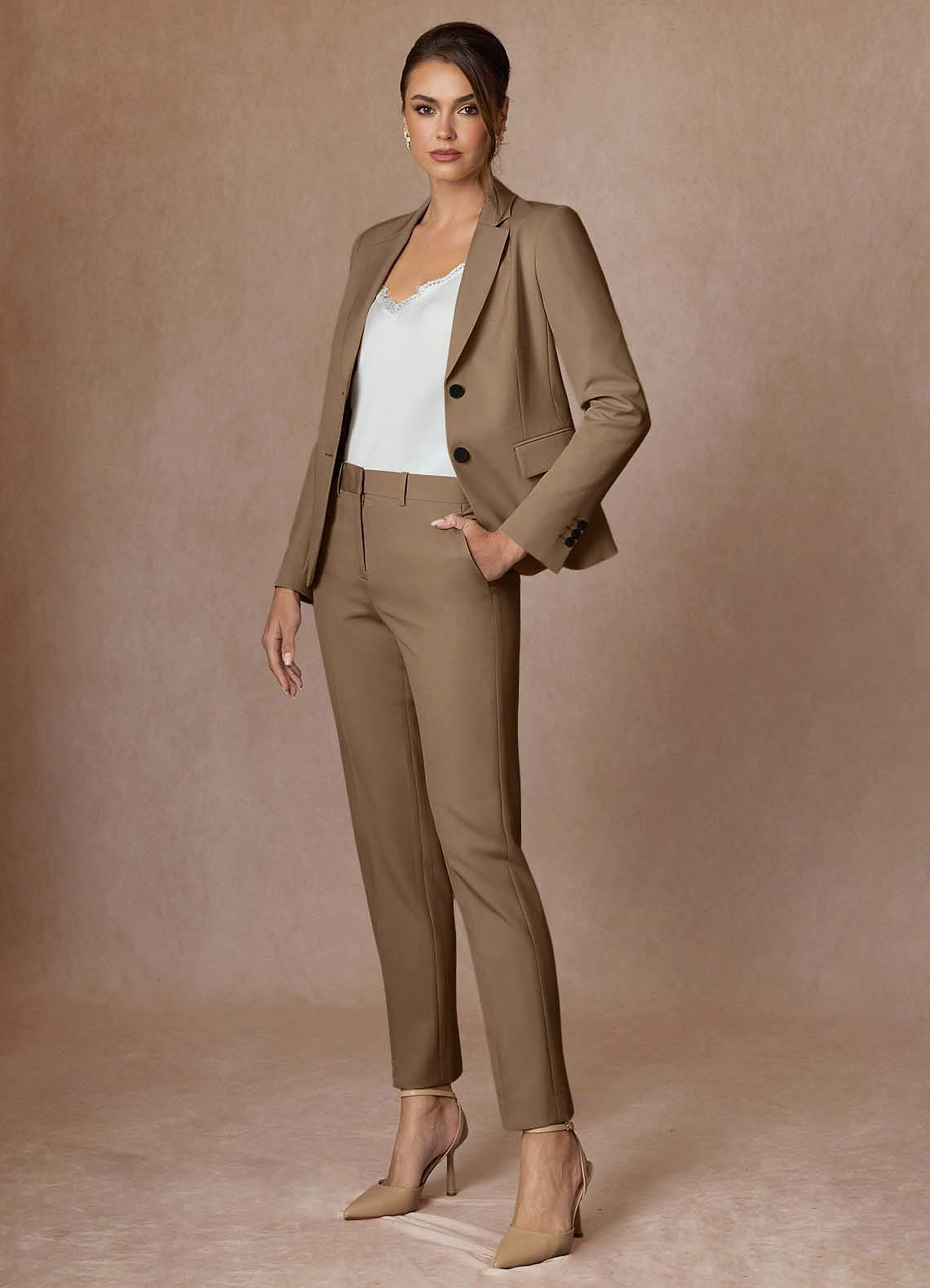front Whitney Truffle Refined Weave Performance Full Length Dress Pants