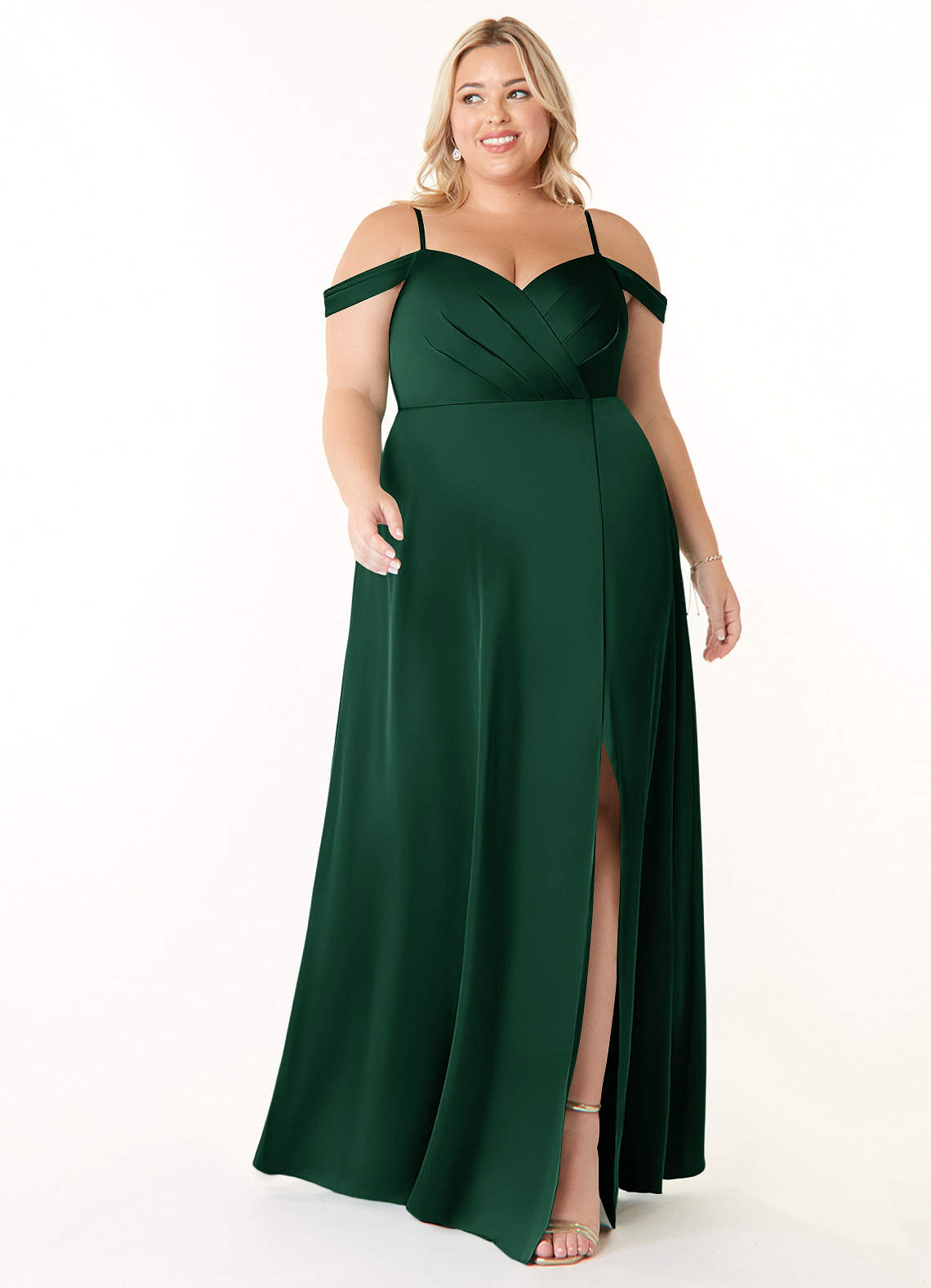 Azazie Ocean Bridesmaid Dresses Dark Green A-Line V-Neck Pleated Stretch Satin Dress image1