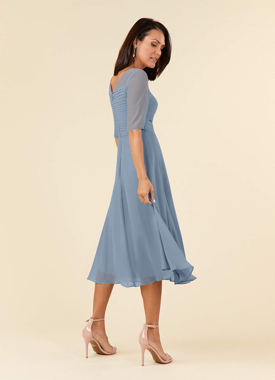 Azazie Naomi Mother of the Bride Dresses Dusty Blue A-Line Boatneck Pleated Chiffon Dress image3