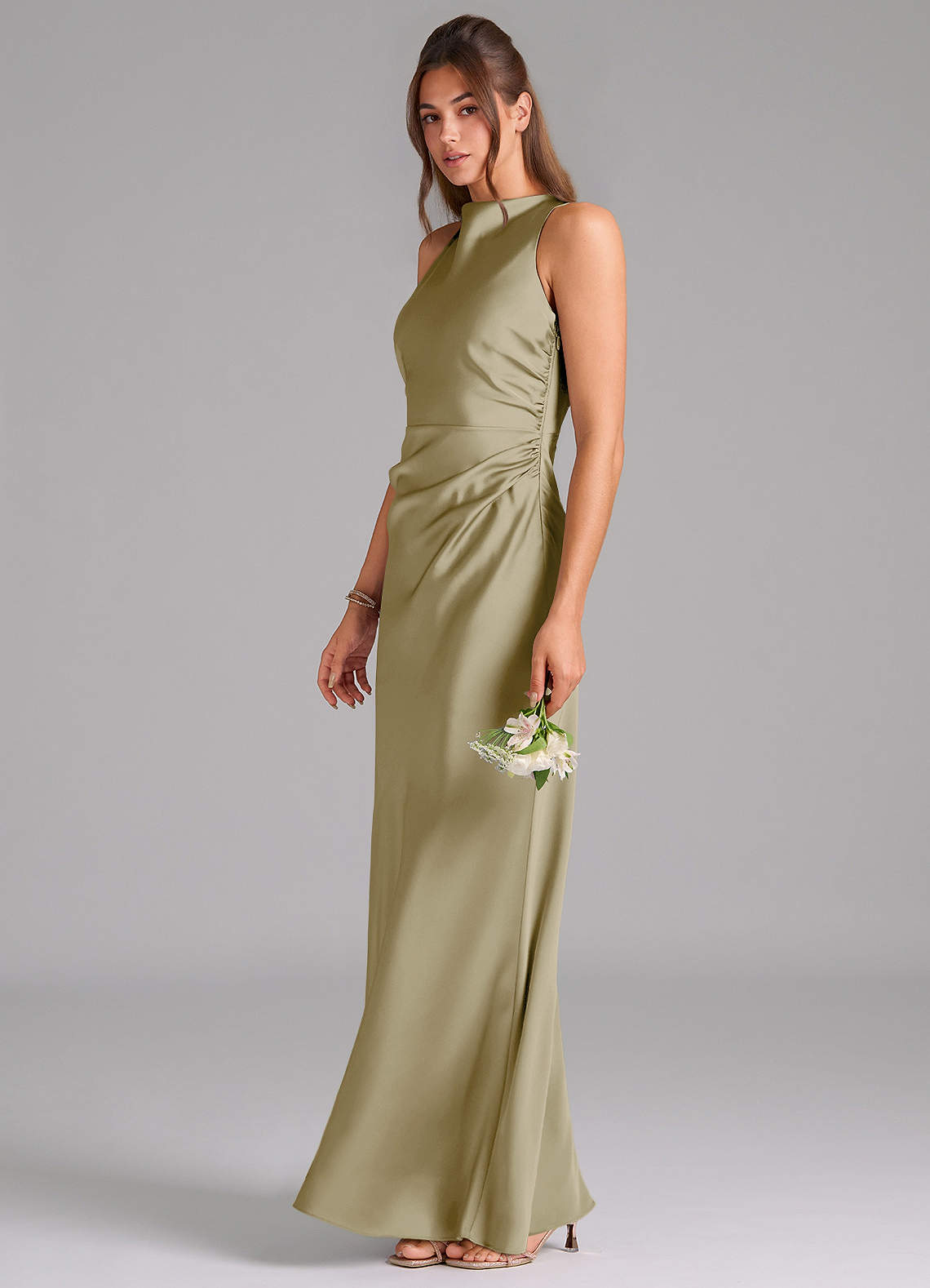 Azazie Evadne Bridesmaid Dresses Moss Green A-Line Pleated Stretch Satin Dress image1