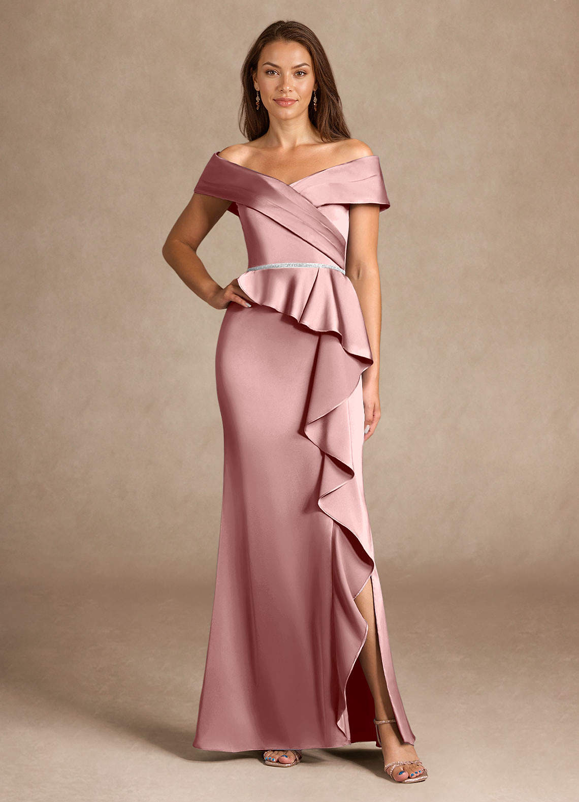 Azazie Dareia Abiti per la Madre della Sposa Abito Sirena in Raso Elasticizzato a Spalla Scoperta Rosa Polverosa image1