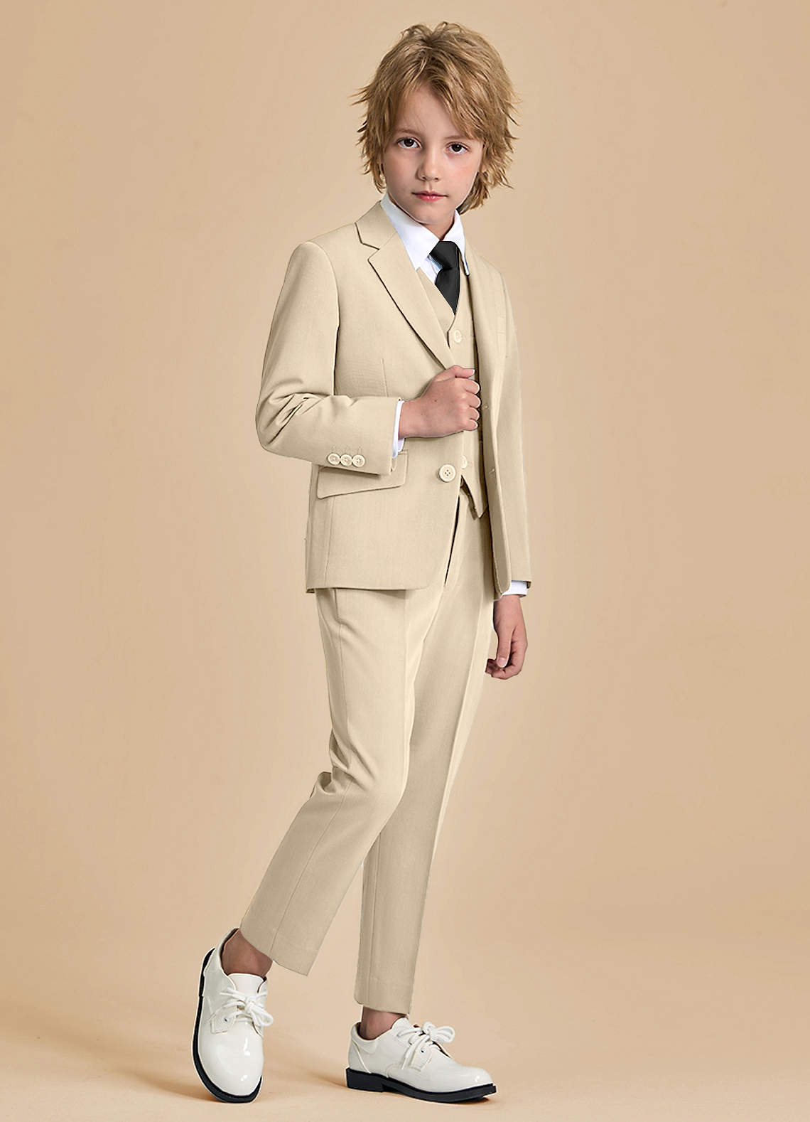 front Oliver Tan Boys 5-Piece Suit with Pre-tie