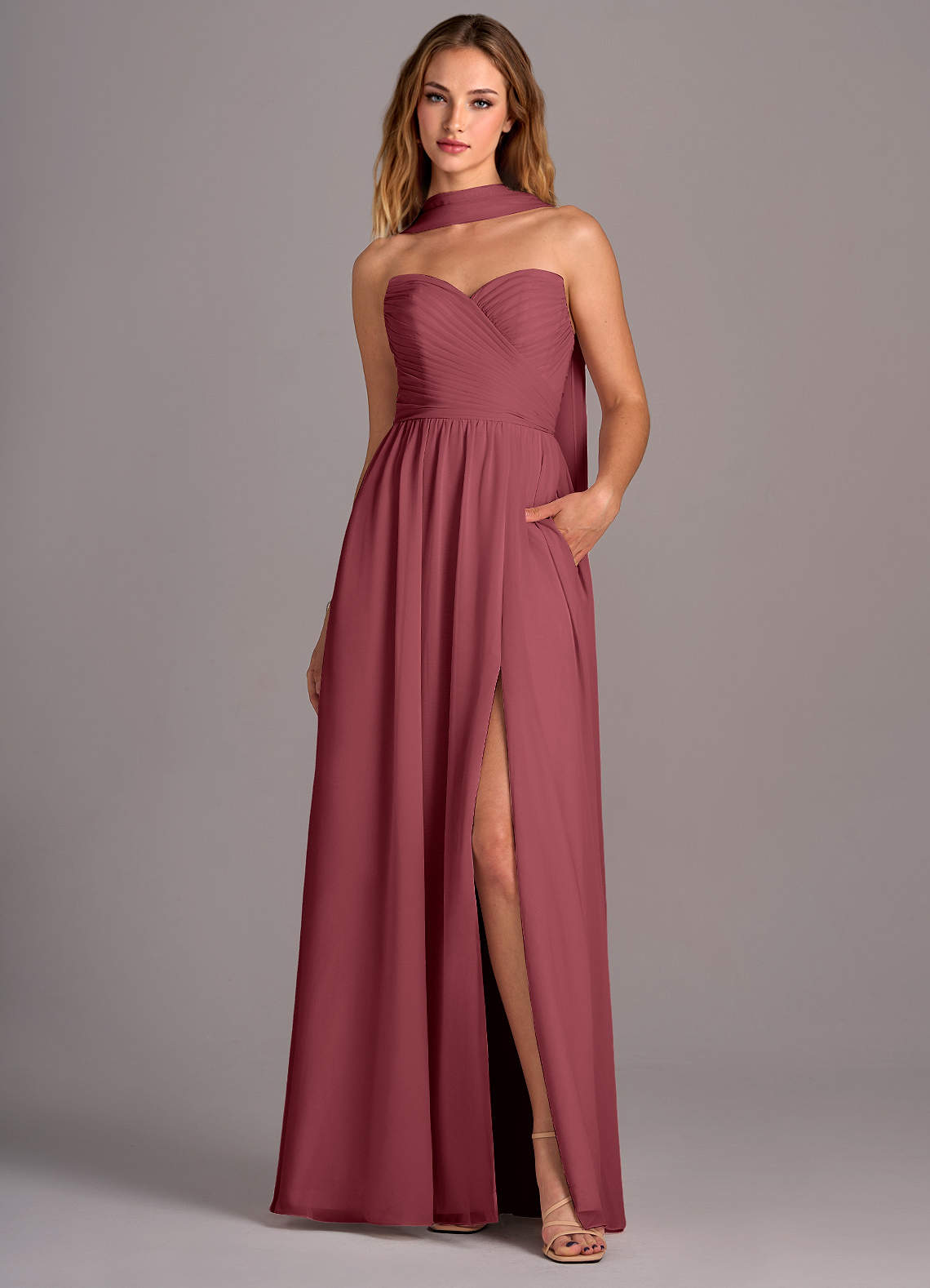 Azazie Joni Bridesmaid Dresses Merlot A-Line Strapless Chiffon Convertible Dress image1