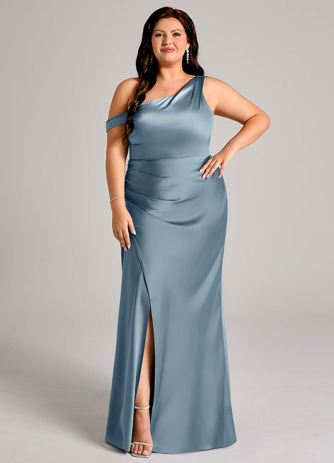 Azazie Madelyn Bridesmaid Dresses Dusty Blue Mermaid One Shoulder Stretch Satin Convertible Dress image9