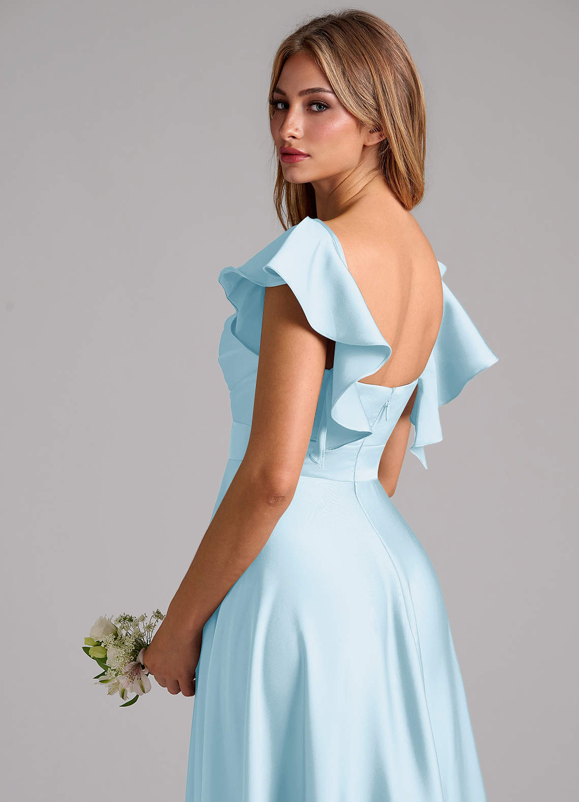 Azazie Leilani Bridesmaid Dresses Sky Blue A-Line Ruched Stretch Satin Dress image8