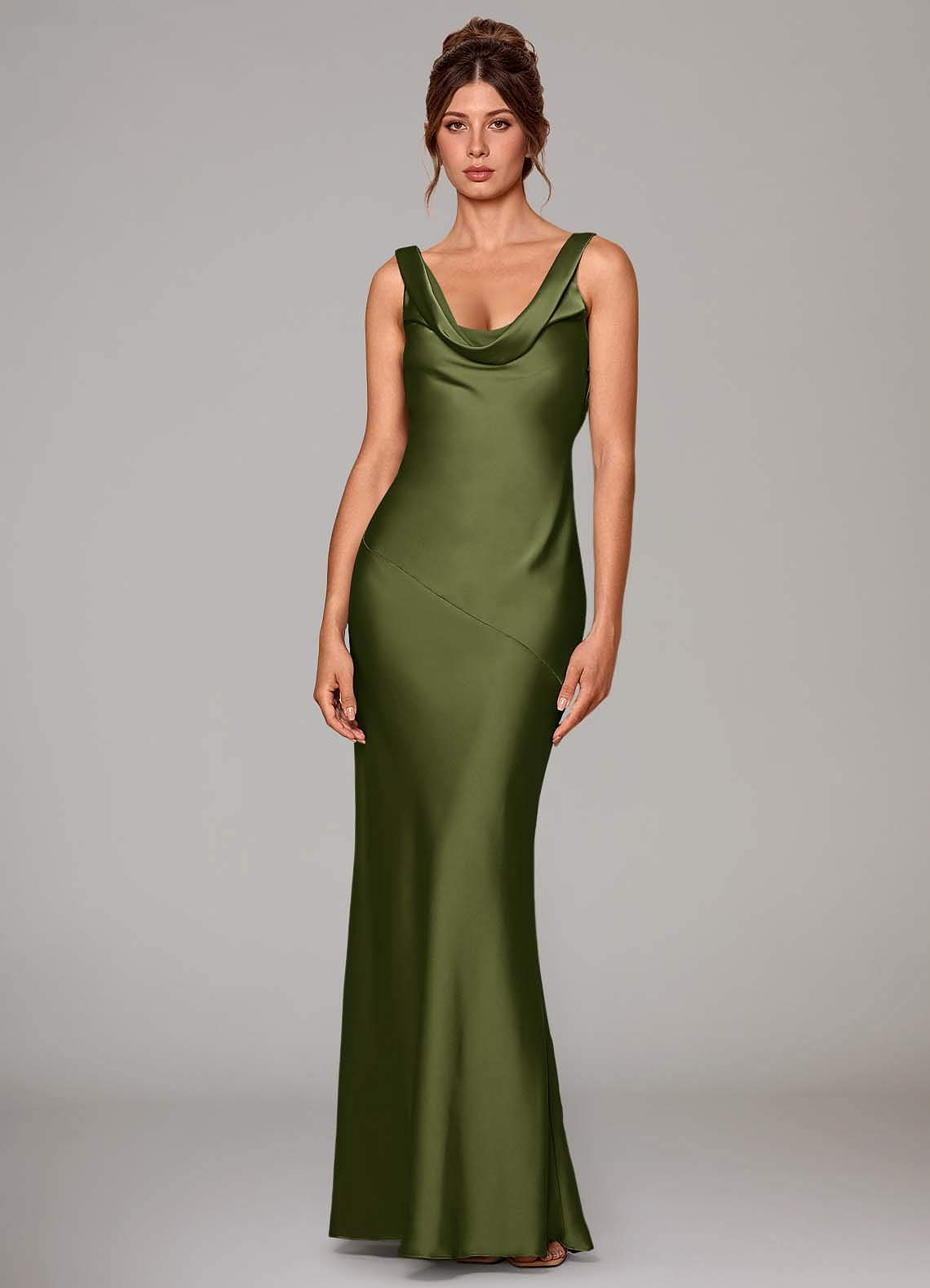 Azazie Rylina Ready to Ship Olive Stretch Satin Bridesmaid Dresses | Azazie