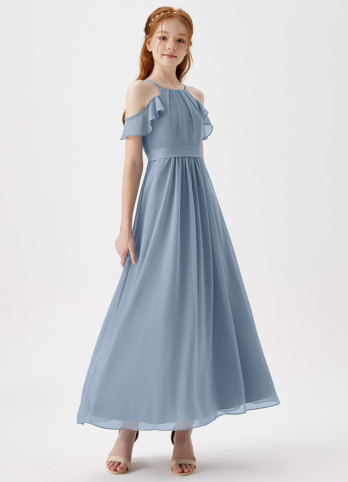 Azazie Chaya Junior Dusty Blue A-Line Off the Shoulder Chiffon Dress image5