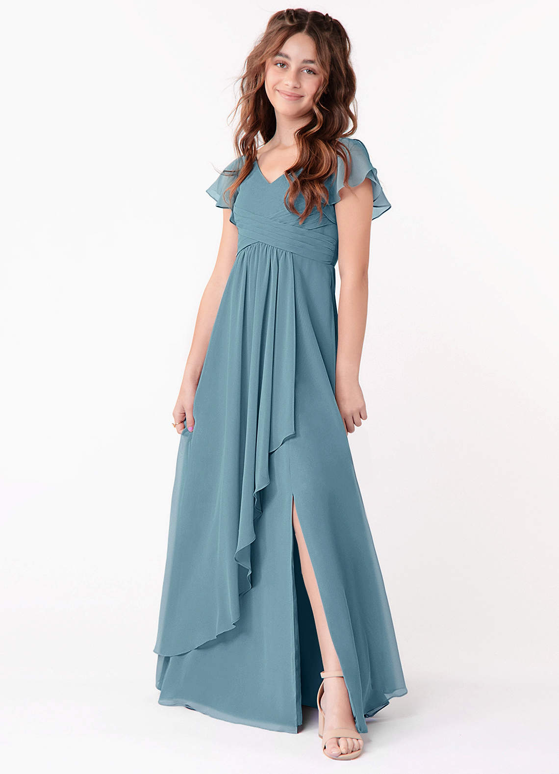 Azazie Omari Junior Moody Blue A-Line Ruched Chiffon Dress image1