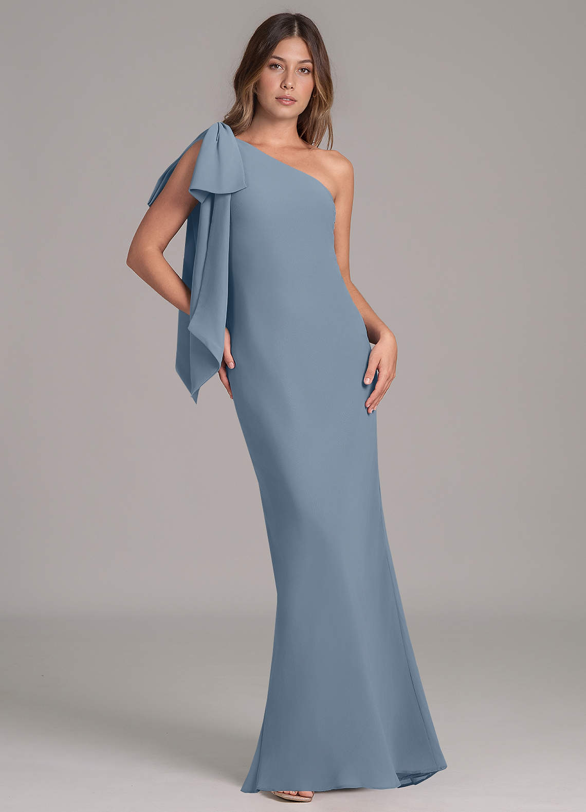grey blue chiffon dress Leely Women Grey Blue Chiffon Long Formal Dress Boat Neck Flutter Sleeves Wedding Guest Dress