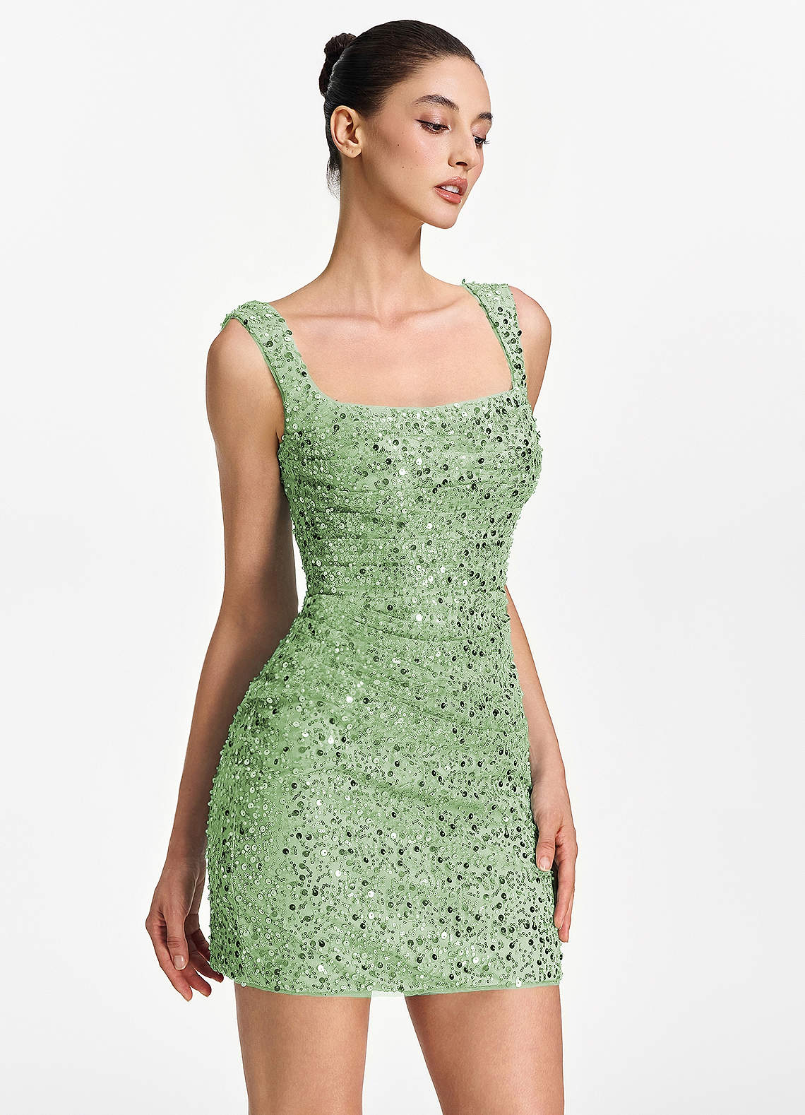 light green beaded dress Azazie Column Mini Birthday Corset Beading Sequins Beading Sequin Embroidery Tulle Square Fair trade organic cotton dress