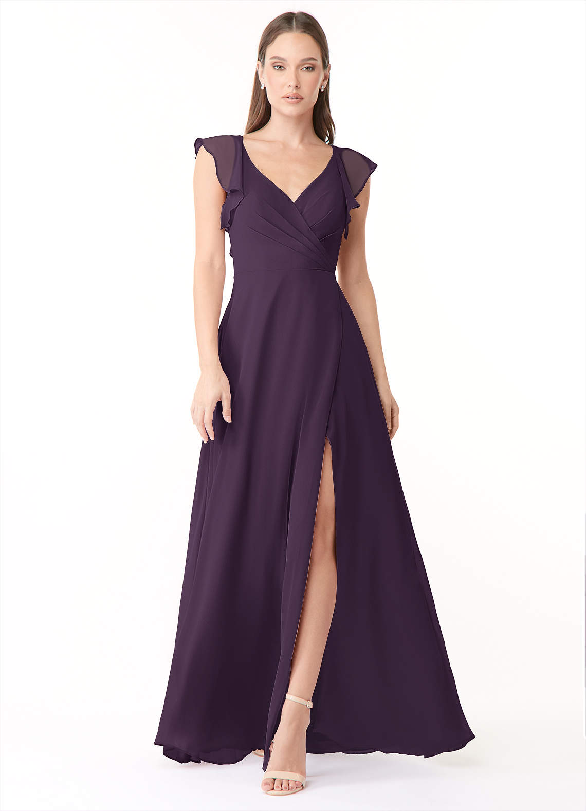 Azazie Yoko Bridesmaid Dresses Plum A-Line Ruched Chiffon Dress image1