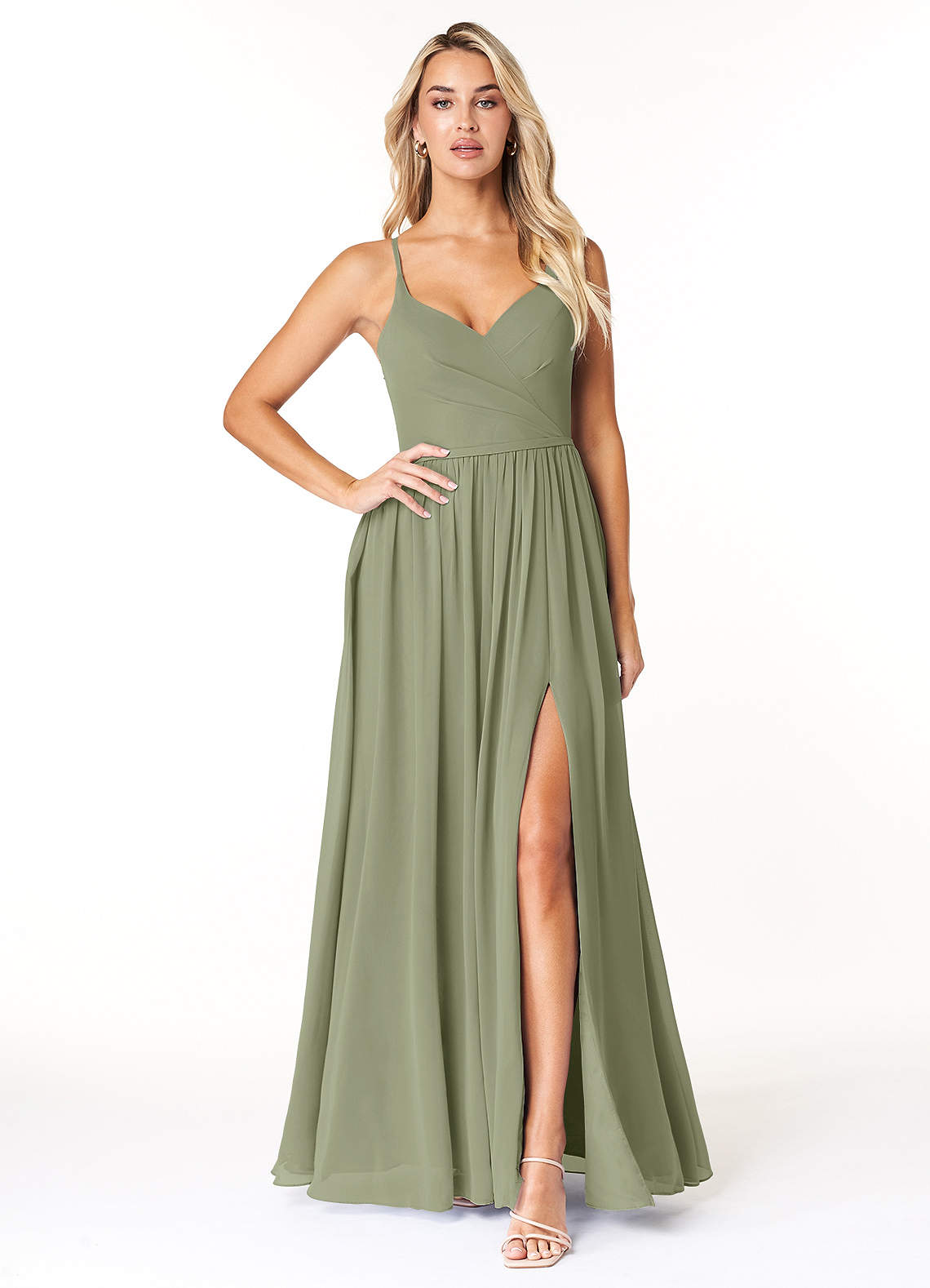 Azazie Dominic Abiti da Damigella Abito A-Line in Chiffon con Scollo a V a Pieghe Pistacchio image1