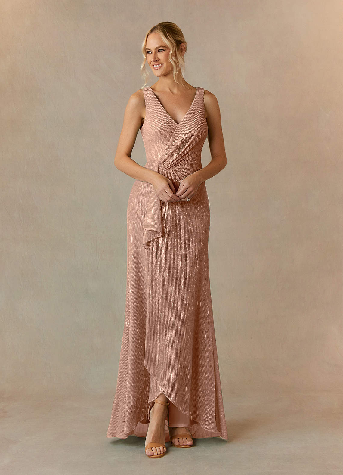 Upstudio Tuscon Mother of the Bride Dresses Rose Gold A-Line V-Neck Ruched Metallic Mesh Dress image1