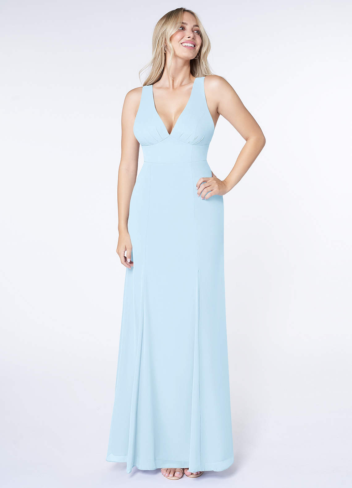 Azazie Christiana Bridesmaid Dresses Sky Blue A-Line V-Neck Pleated Chiffon Dress image1