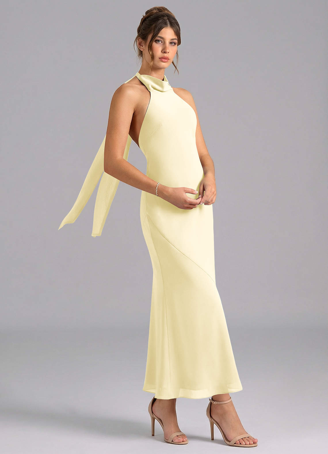 Azazie Velli Brautjungfernkleider Meerjungfrau-Linie Hoher Kragen Chiffon Kleid Zitronensorbet image2