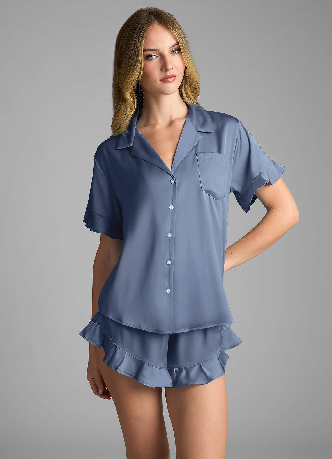 front Ruffled Short Sleeve Pajama Set
