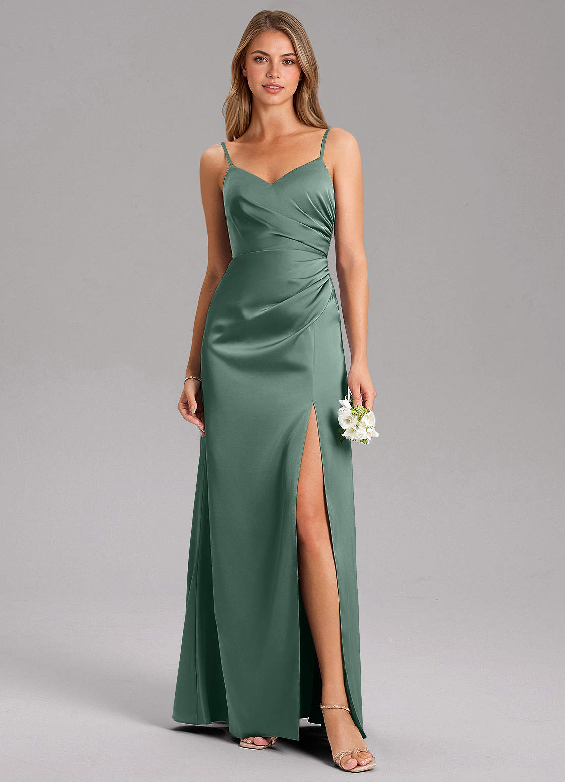 Azazie Azuree At-home Try On Dresses Dusty Sage A-Line Pleated Stretch Satin Dress image1
