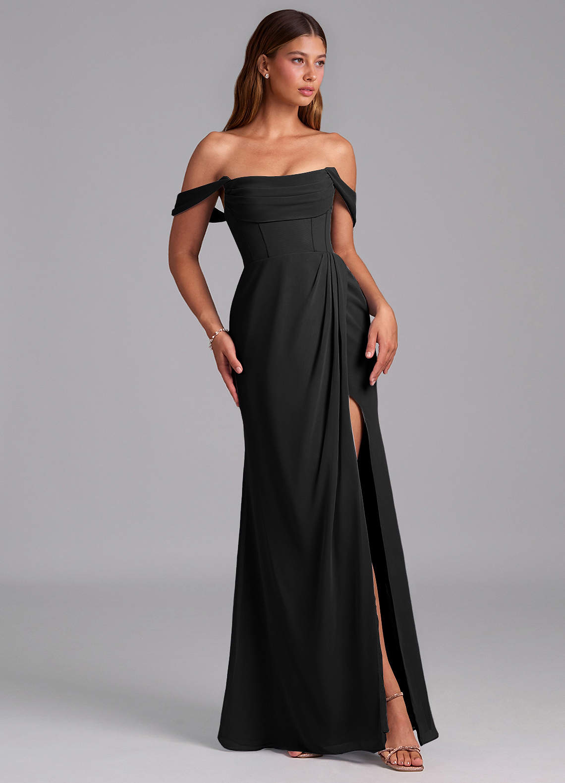 Azazie Johana Pasjurken voor thuis Converteerbaar Jurk van Chiffon met Zeemeermin Off-shoulder Zwart image5