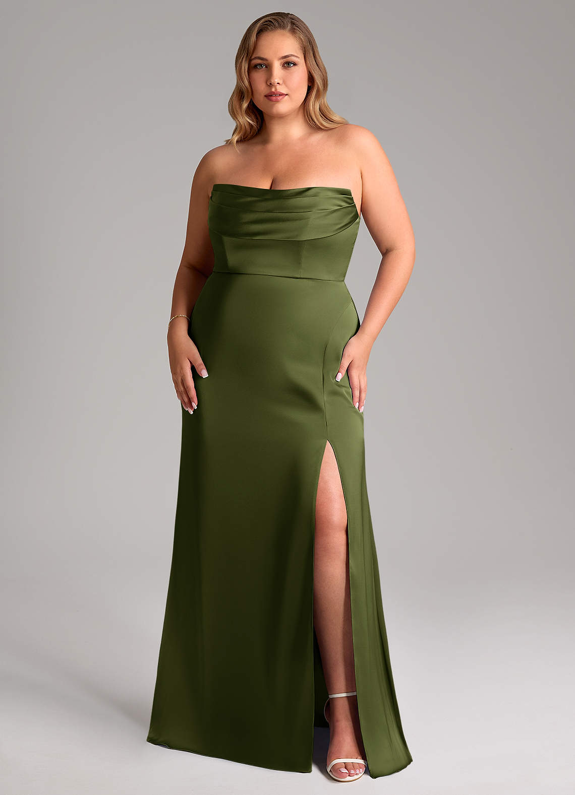 Azazie Saige Bridesmaid Dresses Olive Sheath Off the Shoulder Stretch Satin Dress image15