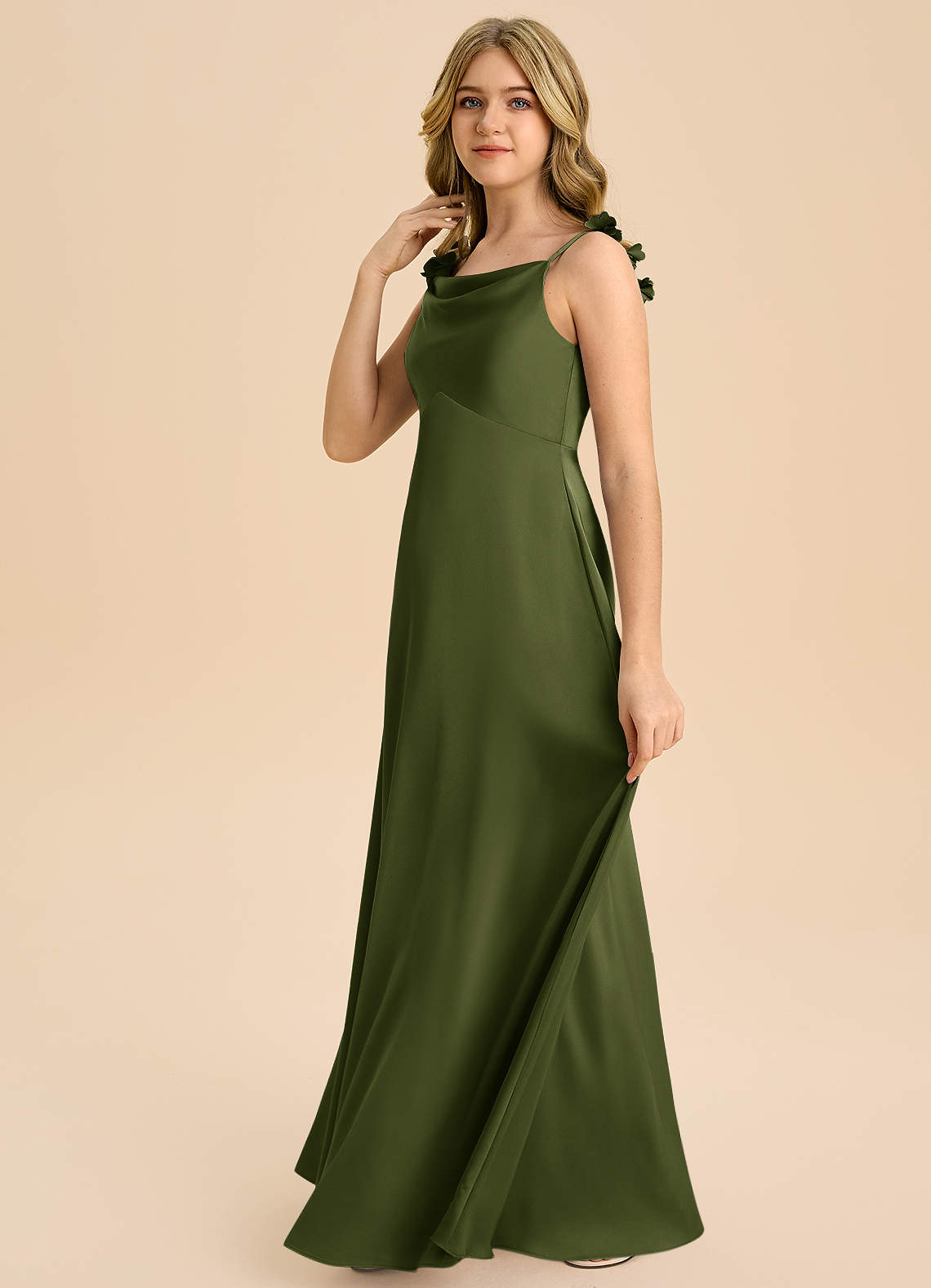 Azazie Gumdrop Junior Olive Empire Pleated Stretch Satin Dress image4