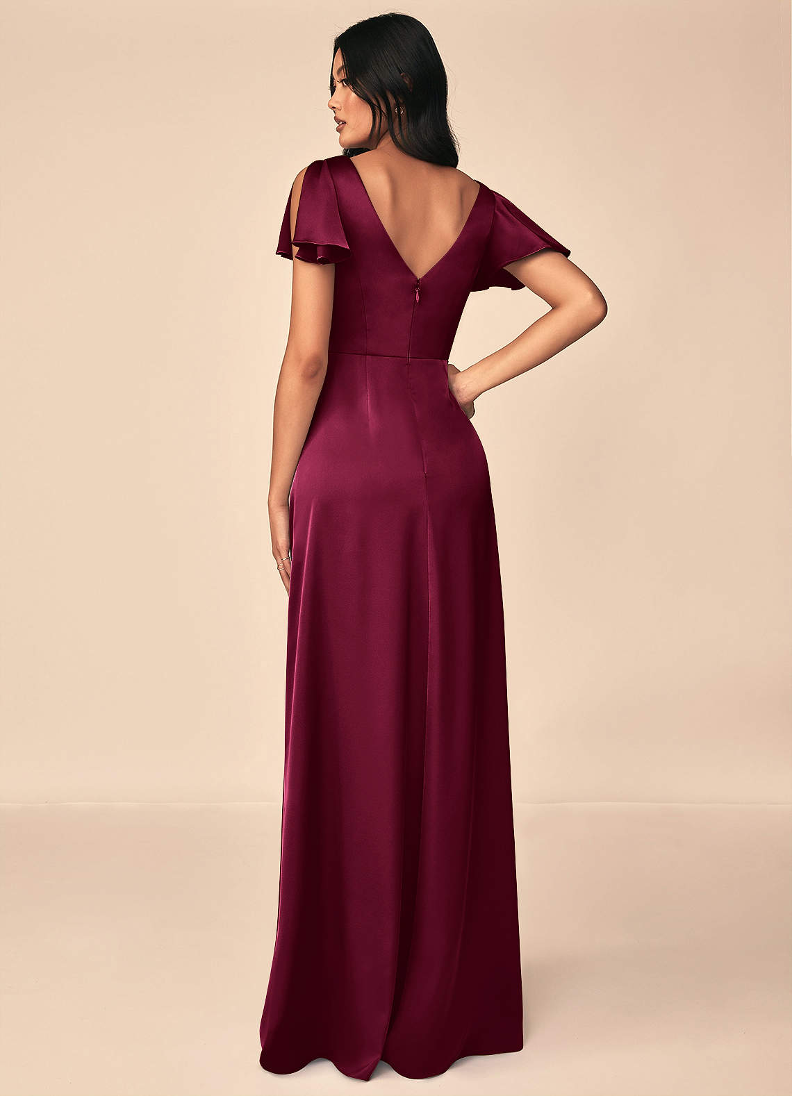 Azazie Soren Bridesmaid Dresses Burgundy A-Line Pleated Stretch Satin Dress image1
