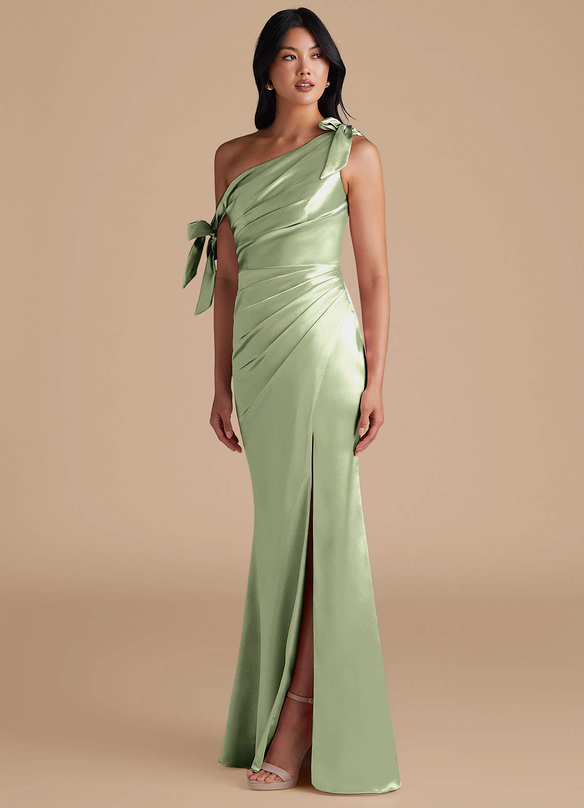 Azazie Xyla Bridesmaid Dresses Dusty Sage Sheath Off the Shoulder Metallic Satin Convertible Dress image5