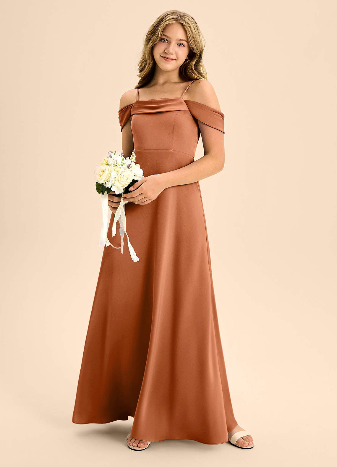 Azazie Anselie Junior Copper A-Line Off the Shoulder Stretch Satin Dress image1