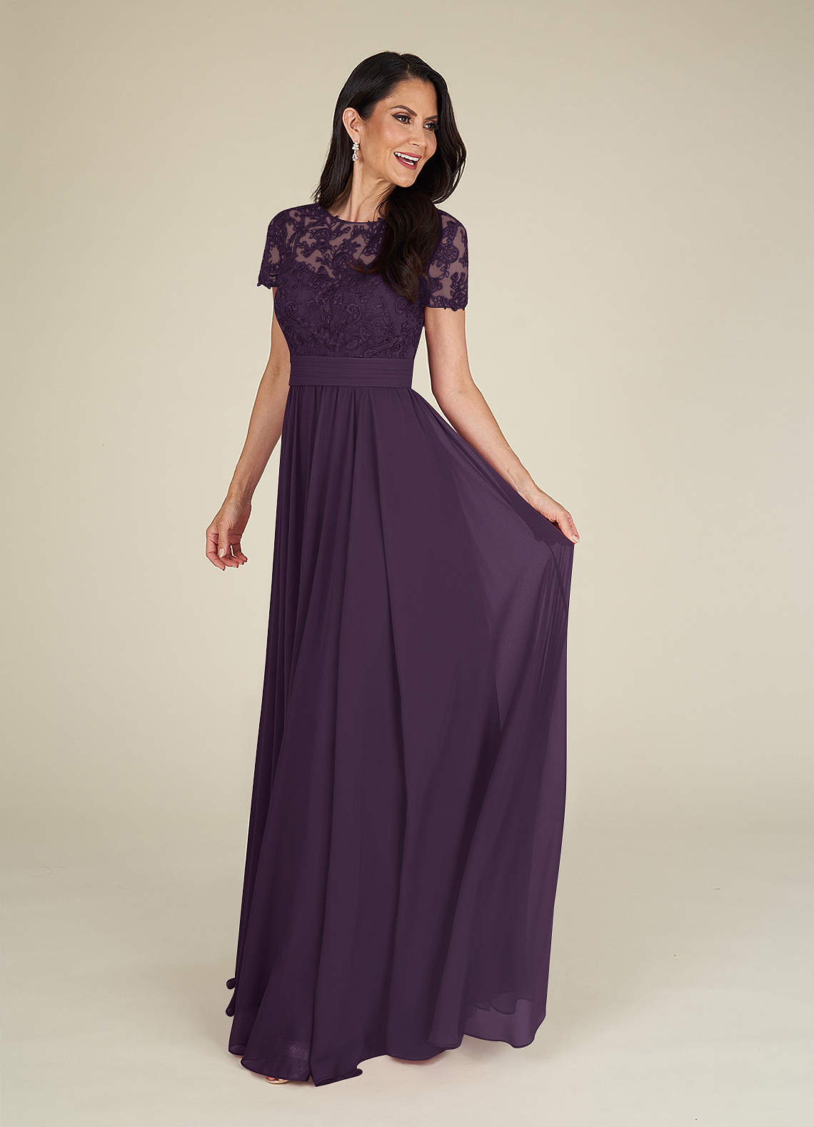 Azazie Annette Plum A-Line Lace Chiffon Dress Ready to Ship | Azazie
