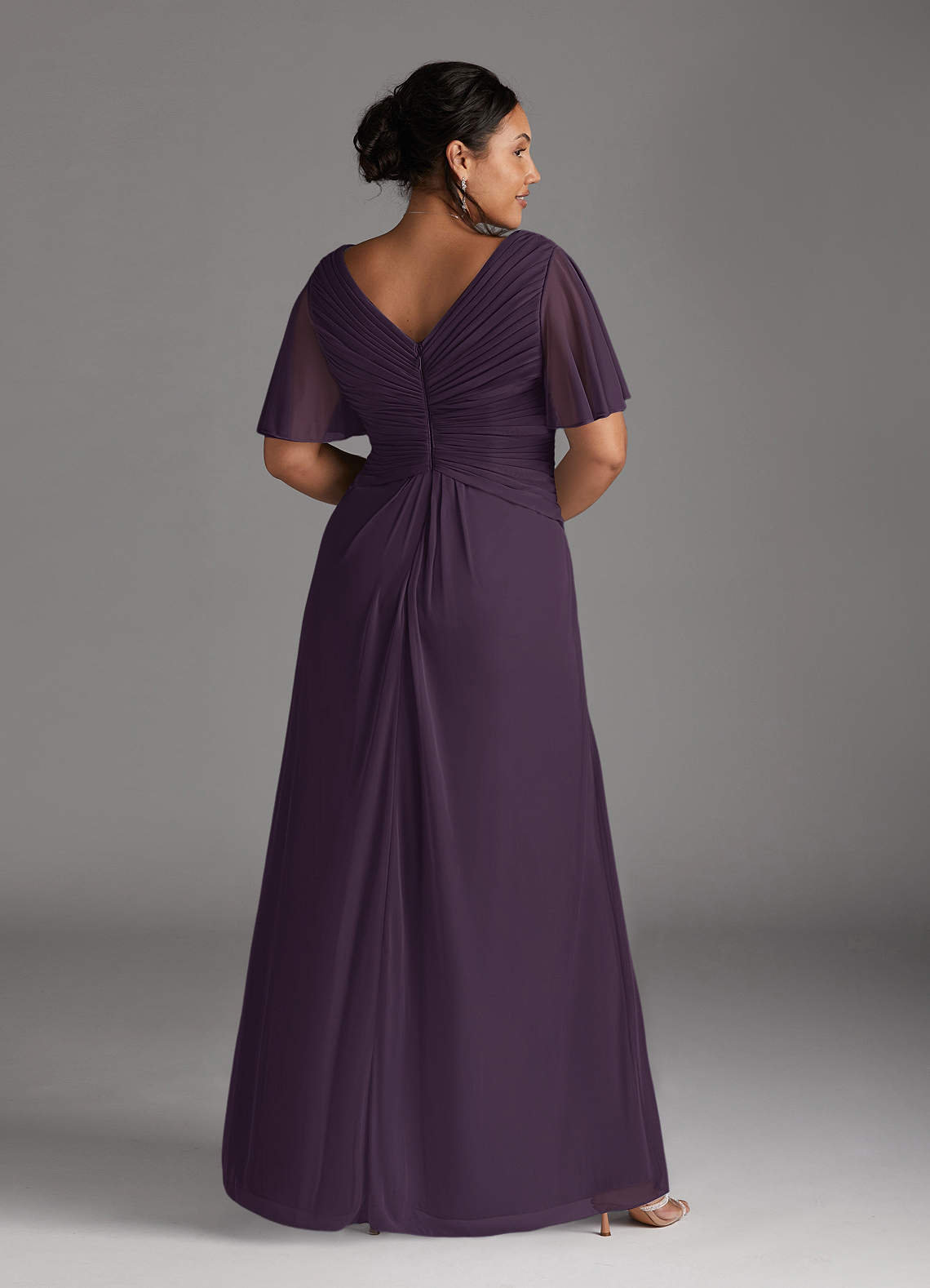 Azazie Emmeline Mother of the Bride Dresses Plum A-Line V-Neck Pleated Mesh Dress image6