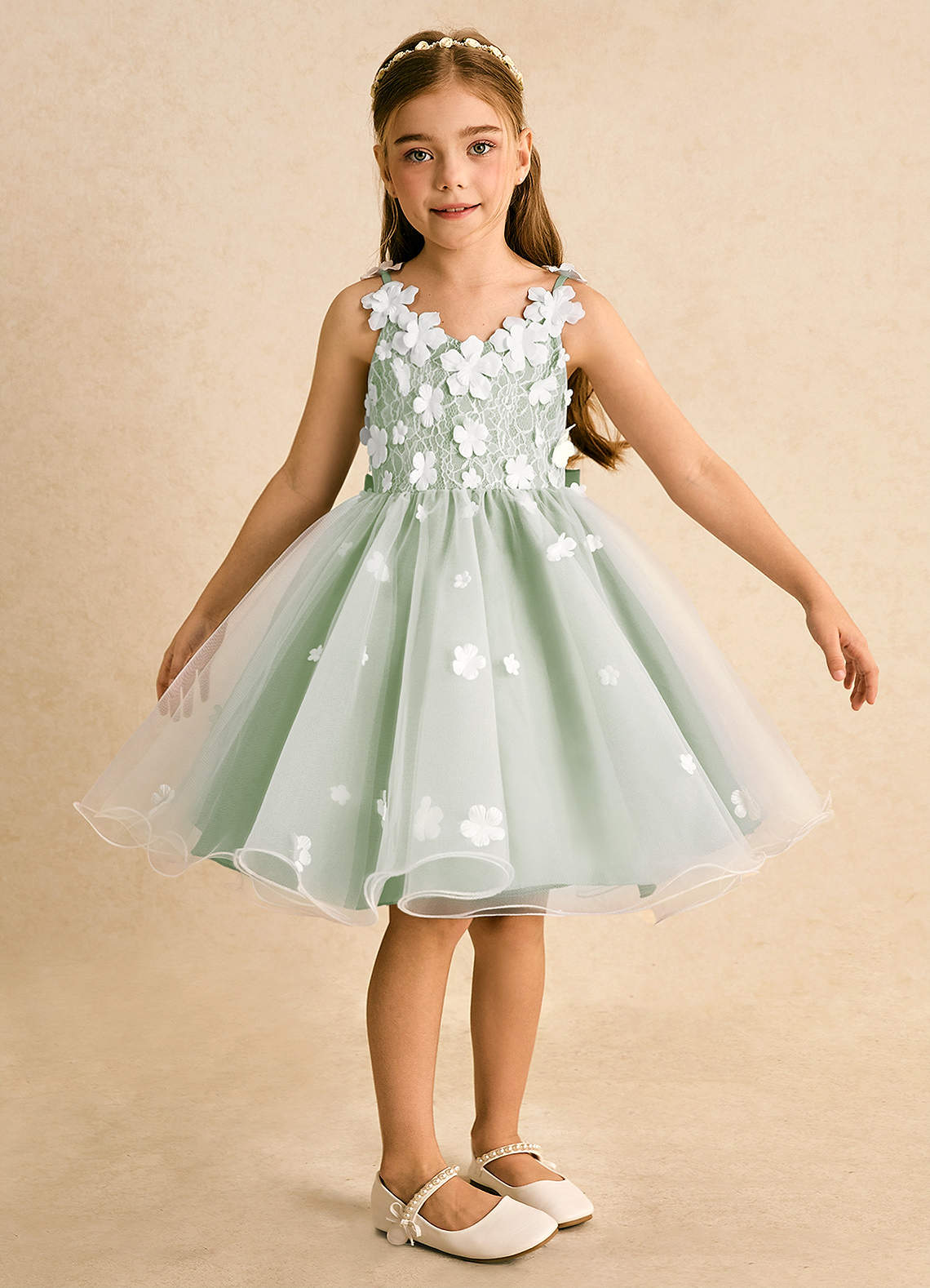Azazie Junebug Flower Girl Dresses Ivory Dusty Sage Ball-Gown Lace Tulle Dress image5