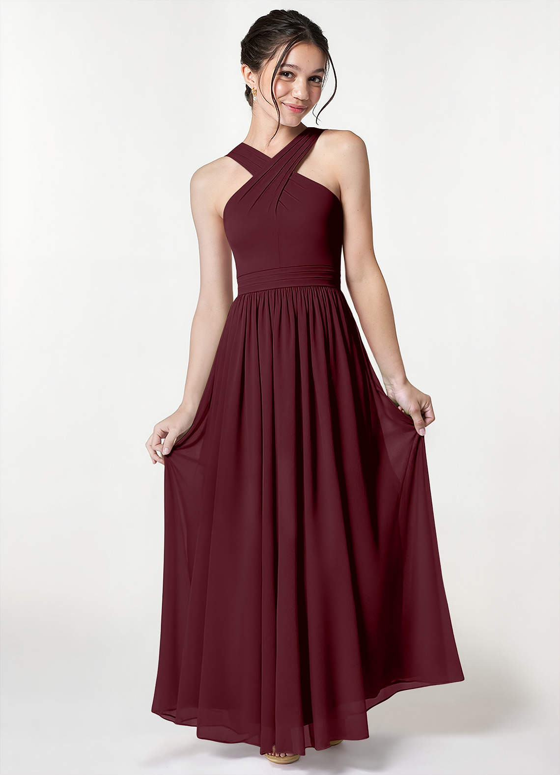 Azazie Jiya Junior Cabernet A-Line Pleated Mesh Dress image1